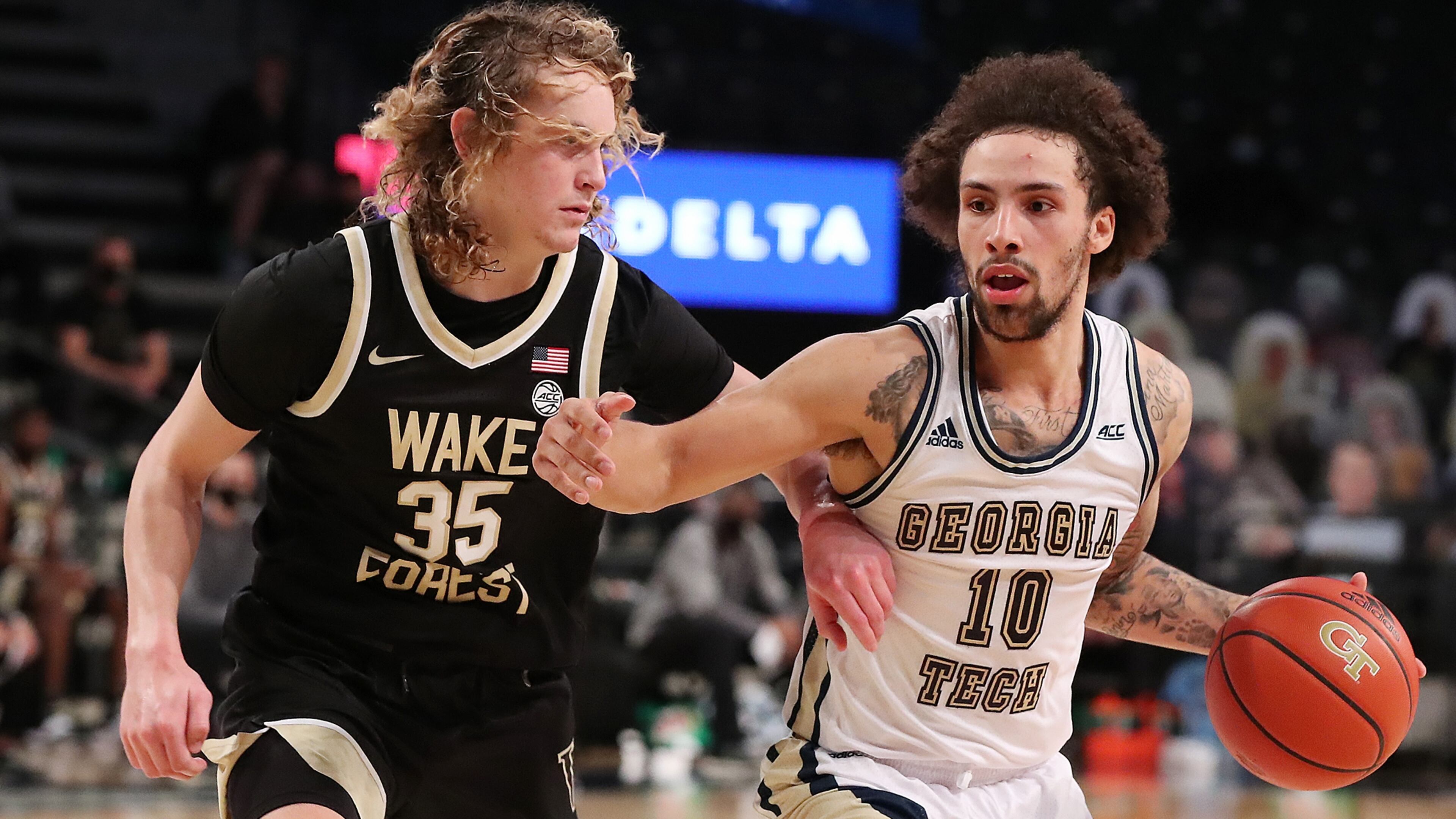 Georgia Tech guard Jose Alvarado drives against Wake Forest guard Carter Whitt Sunday, Jan. 3, 2021, at McCamish Pavilion in Atlanta. (Curtis Compton / Curtis.Compton@ajc.com)