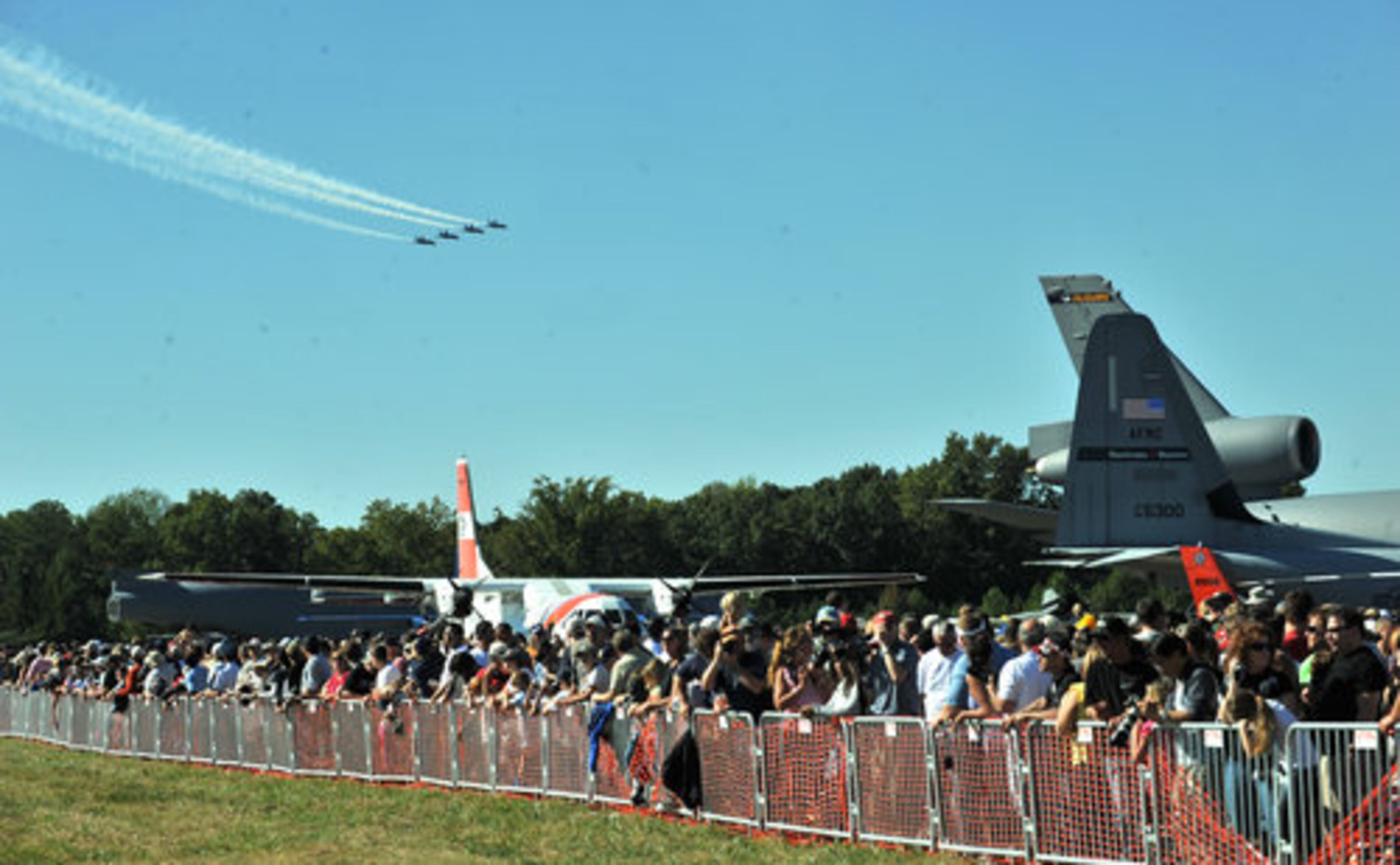 The Blue Angels fly over the crowd during the Wings over Atlanta Air Show at Dobbins Air Reserve Base on Saturday, Oct. 16, 2010. The Blue Angels have been flying F/A-18 Hornets since 1986.