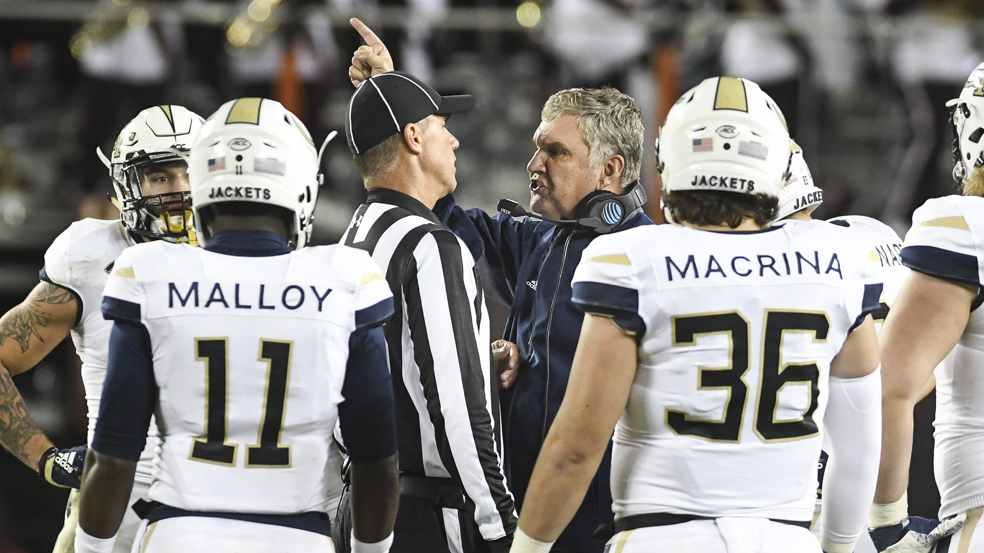 Georgia Tech head coach Paul Johnson speaks to an official during a timeout against the Virginia Tech Hokies in the second half Thursday, Oct. 25, 2018, at Lane Stadium in Blacksburg, Va.