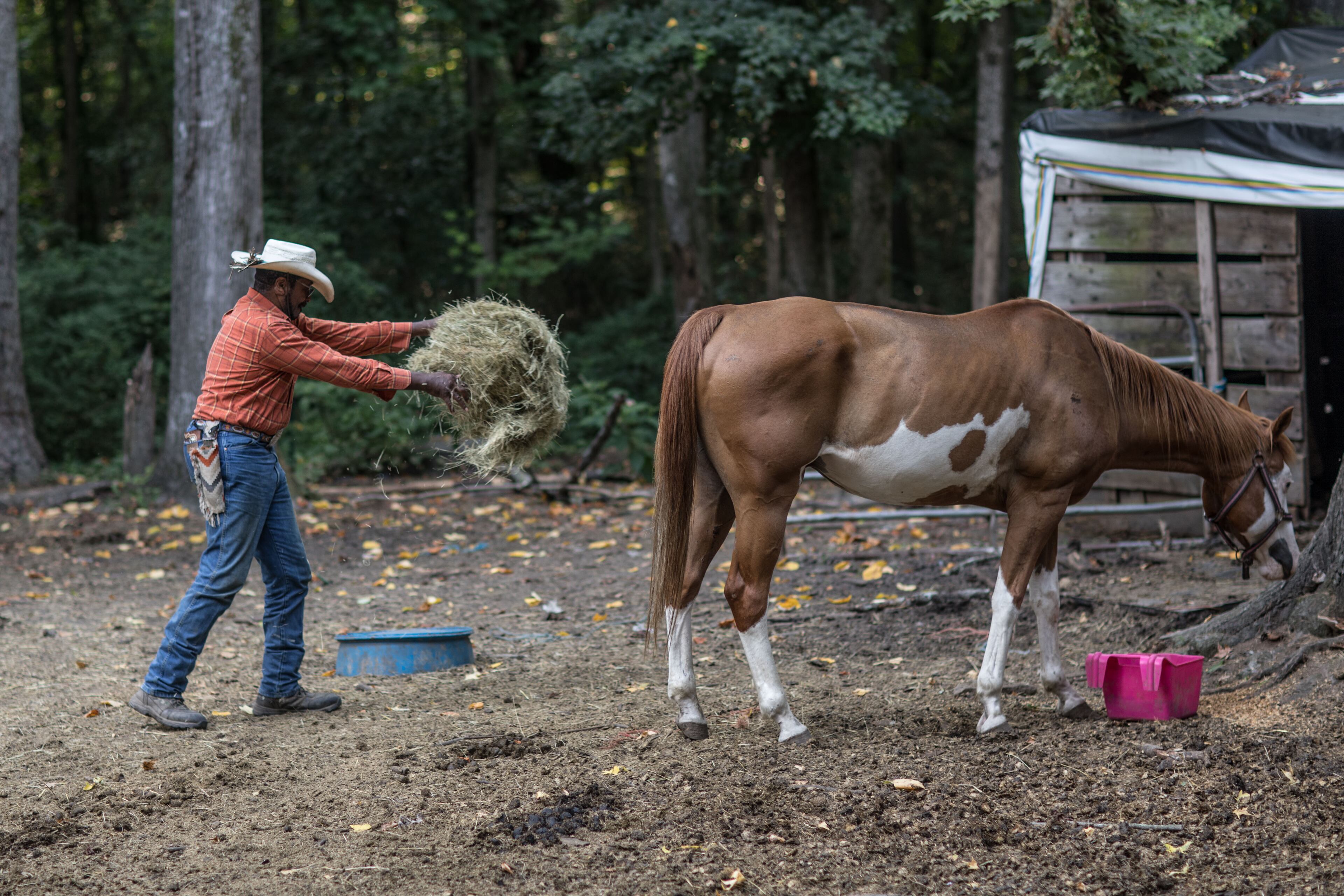 Billy Ray Thunder spreads hay on a ranch off of Flat Shoals Parkway, Tuesday, July 30, 2019, in Union City. BRANDEN CAMP/SPECIAL