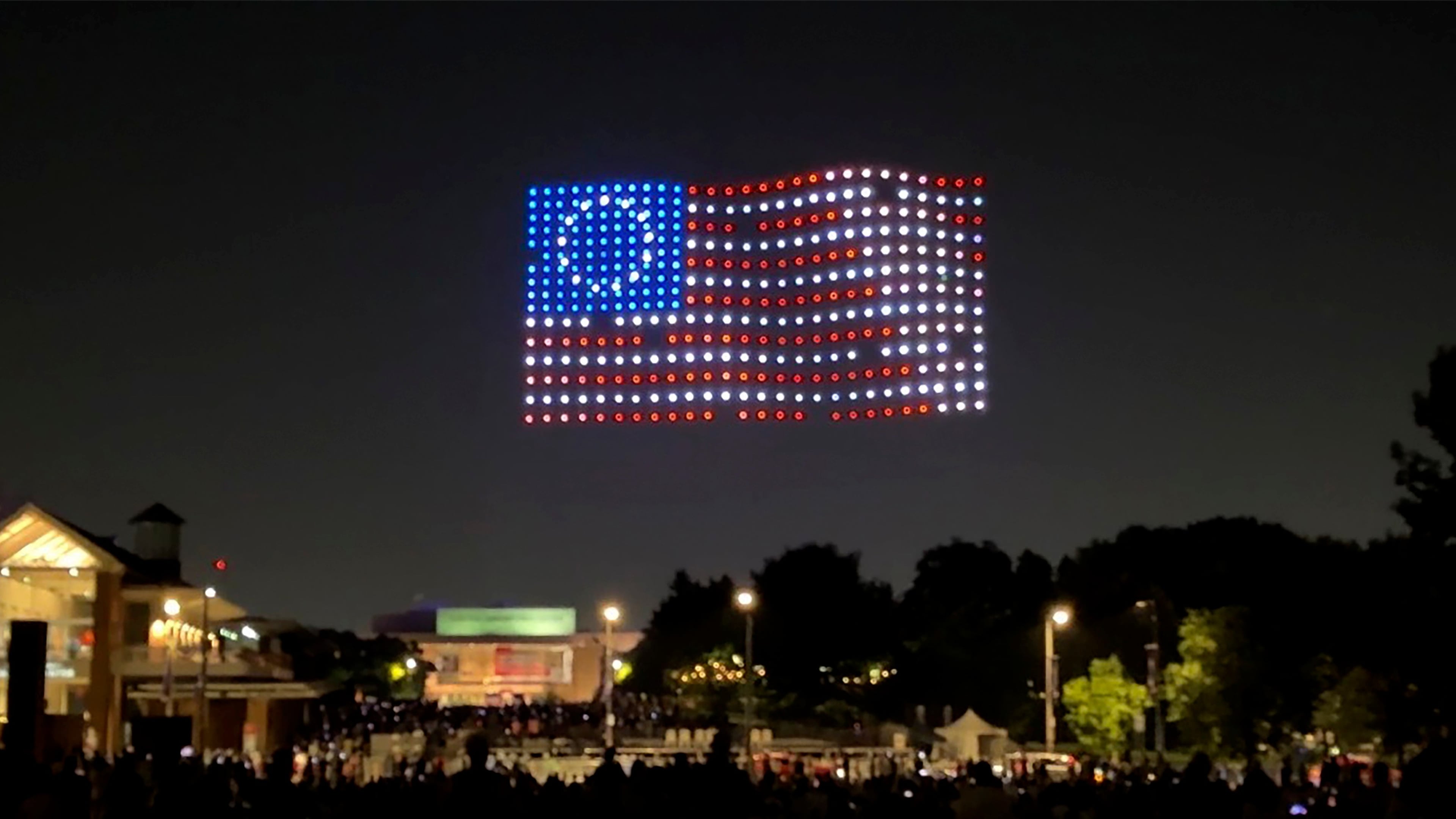Drones put on a show in the sky near independence hall in Philadelphia on Thursday, July 2, 2026. (AP Photo/Jack Auresto)