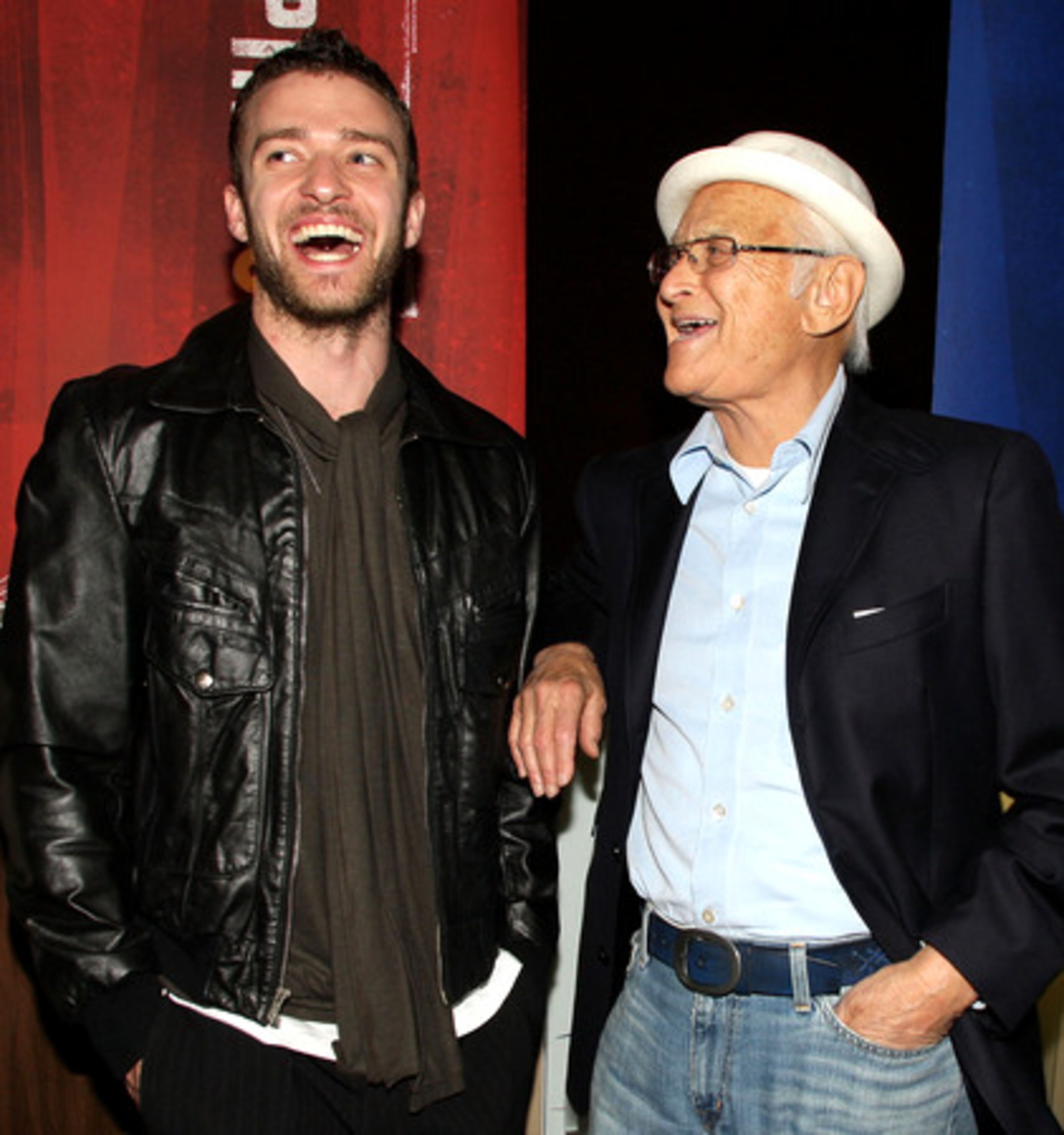 Justin Timberlake and Norman Lear talk during the Declare Yourself Hollywood Turns 18 party in Beverly Hills, Calif.