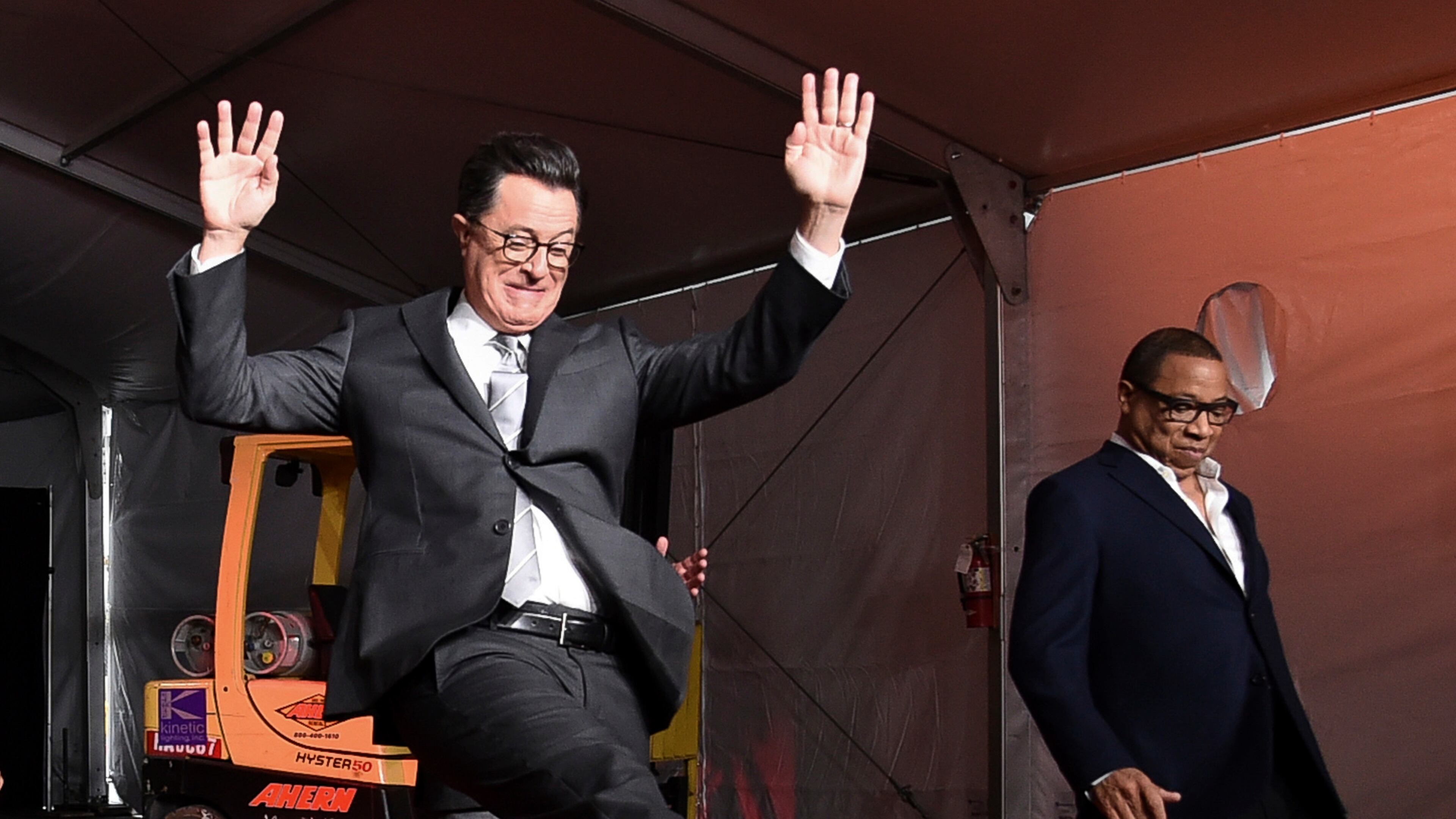 Stephen Colbert, left, and Hayma Washington participate in the 2017 Primetime Emmy Red Carpet Rollout at the Microsoft Theater on Tuesday in Los Angeles. The Emmys will be held on Sunday. Contributed by Richard Shotwell/Invision/AP
