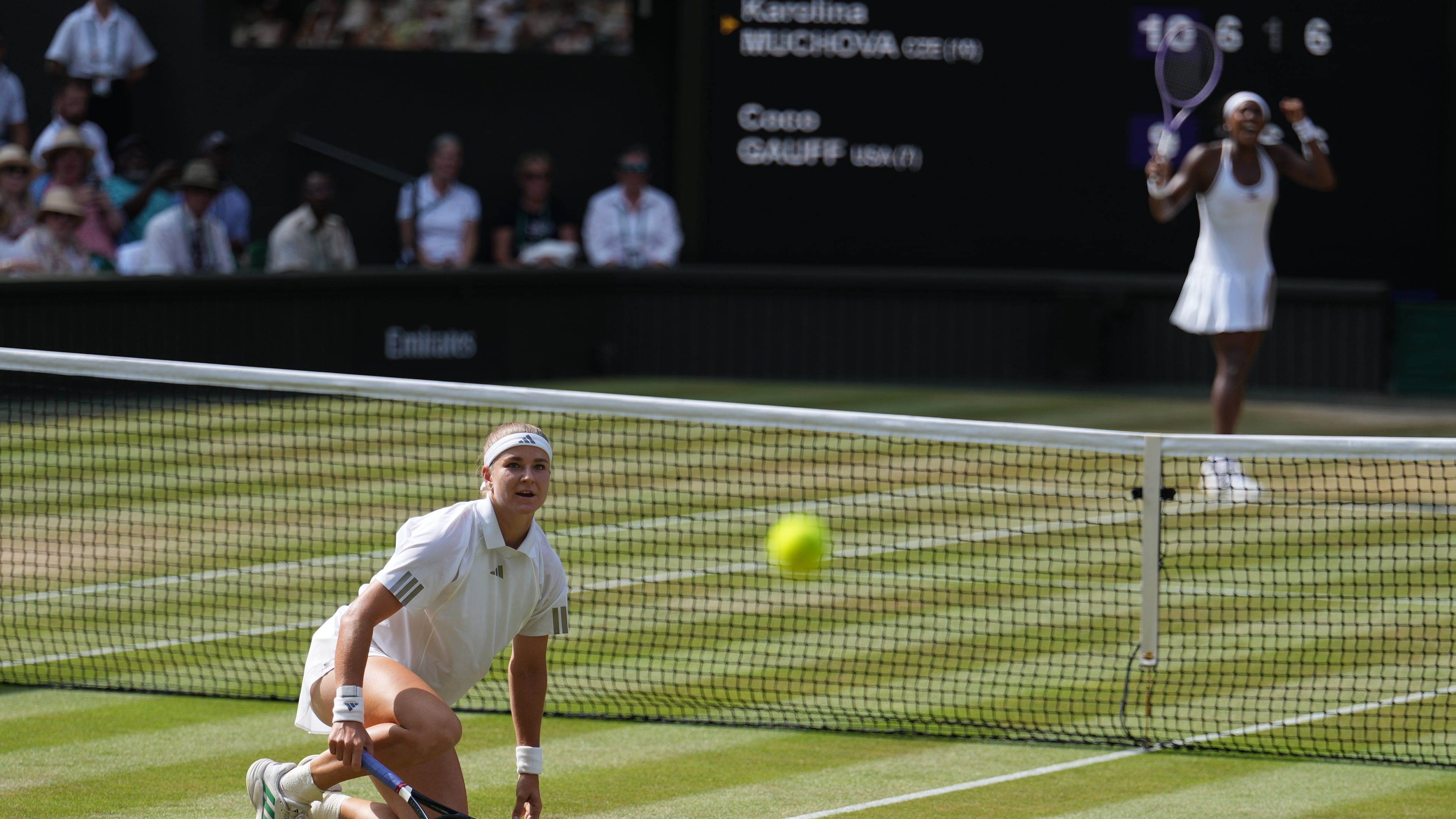 Karolina Muchova of the Czech Republic looks at the ball as Coco Gauff celebrates saving a match point against her in their semifinal women's singles match at the Wimbledon Tennis Championships in London, Thursday, July 9, 2026. (AP Photo/Kirsty Wigglesworth)