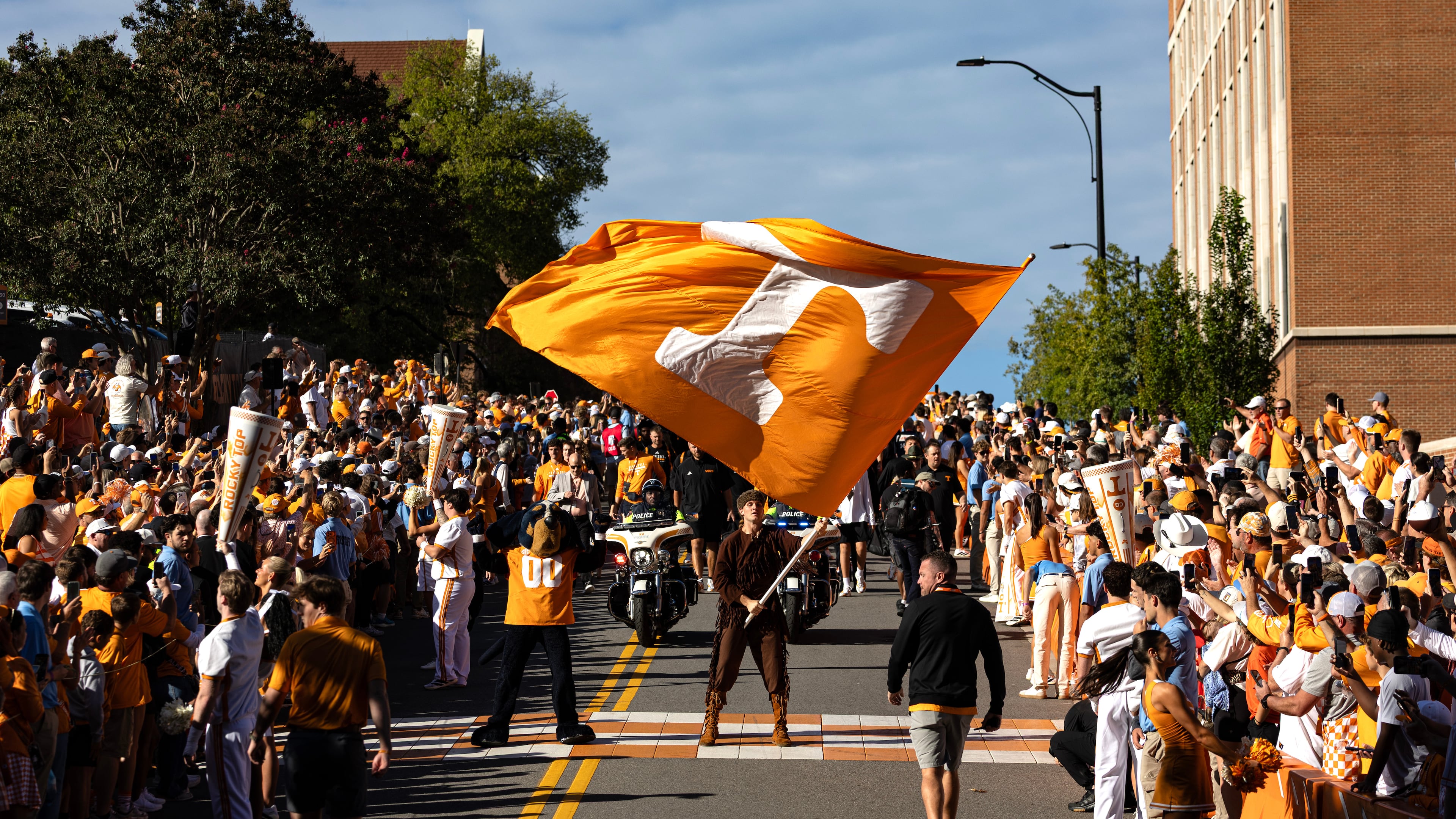 Tennessee mascot waves the Power T flag during the Vol Walk before an NCAA college football game between Tennessee and Texas, Saturday, Sept. 26, 2026, in Knoxville, Tenn. (AP Photo/Wade Payne)