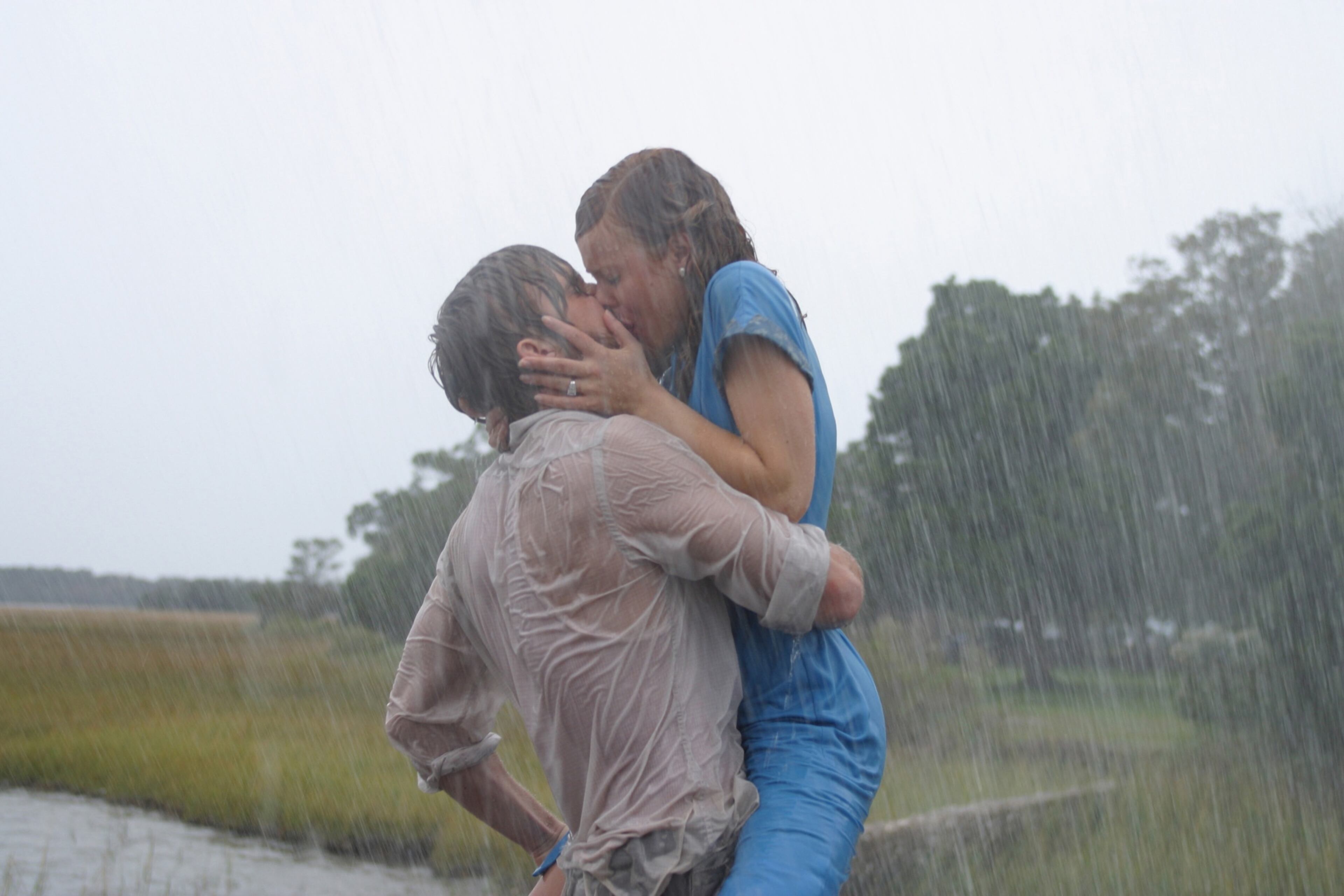 Noah (played by Ryan Gosling) and Allie (played by Rachel McAdams) shared a passionate kiss in the rain in the 2004 film "The Notebook" that was oft imitated as a meme in the following years. Melissa Moseley, SMPSP/New Line Productions