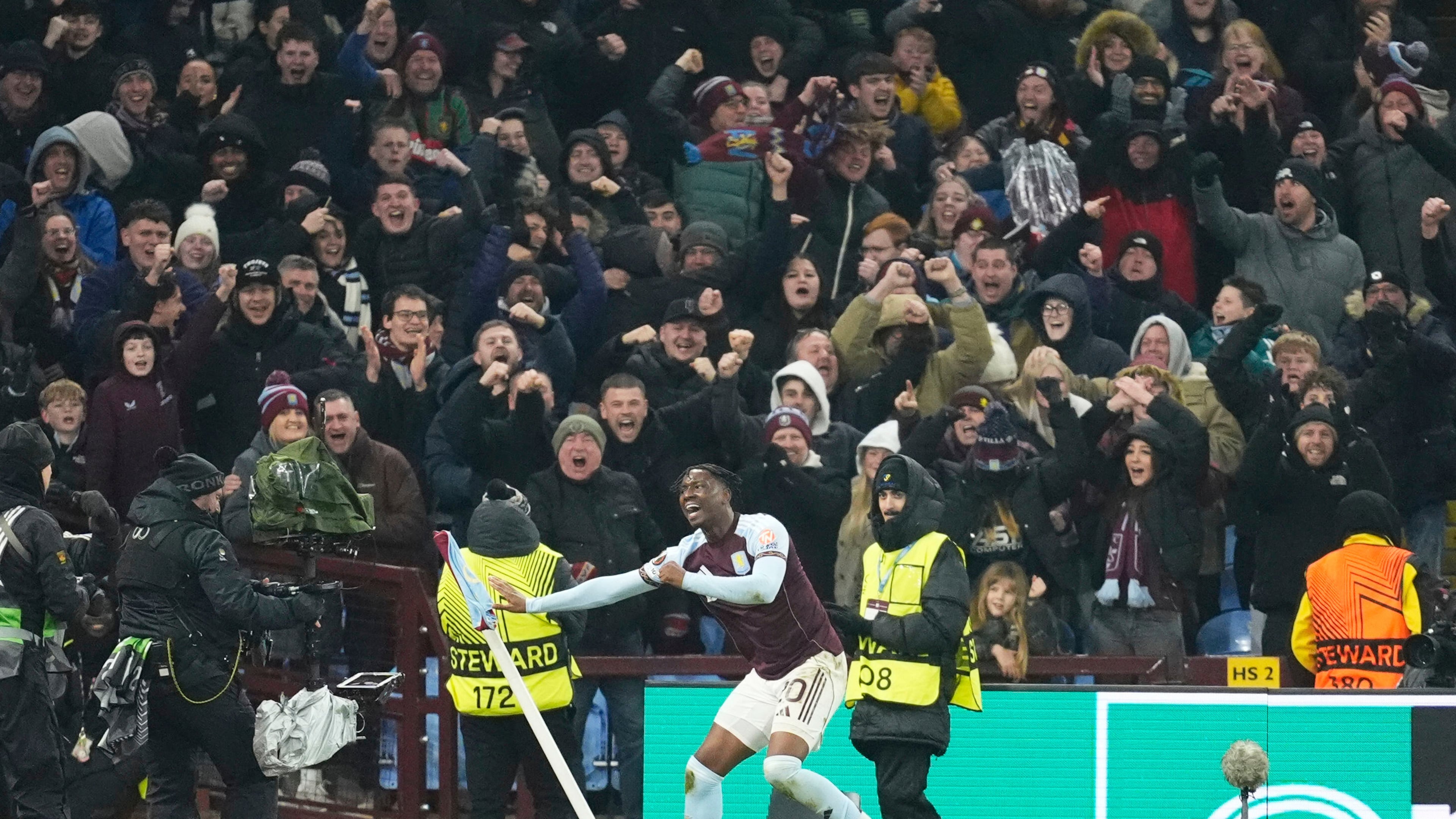 Aston Villa's Jamaldeen Jimoh-Aloba celebrates scoring during the Europa League opening phase soccer match between Aston Villa and RB Salzburg in Birmingham, England, Thursday Jan. 29, 2026. (Nick Potts/PA via AP)