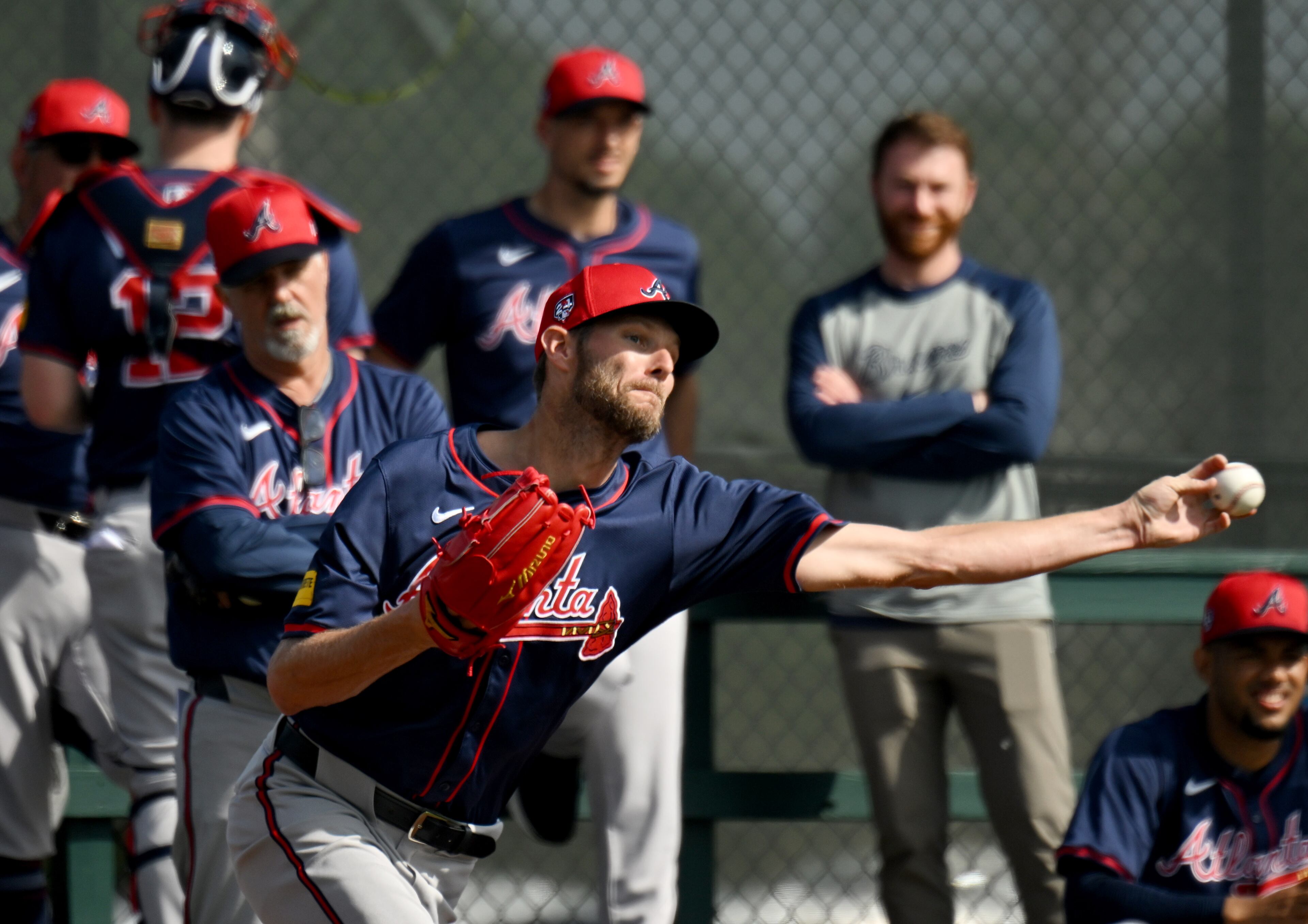 Atlanta Braves starting pitcher Chris Sale throws in the bullpen during spring training workouts at CoolToday Park, Friday, February, 16, 2024, in North Port, Florida. (Hyosub Shin / Hyosub.Shin@ajc.com)