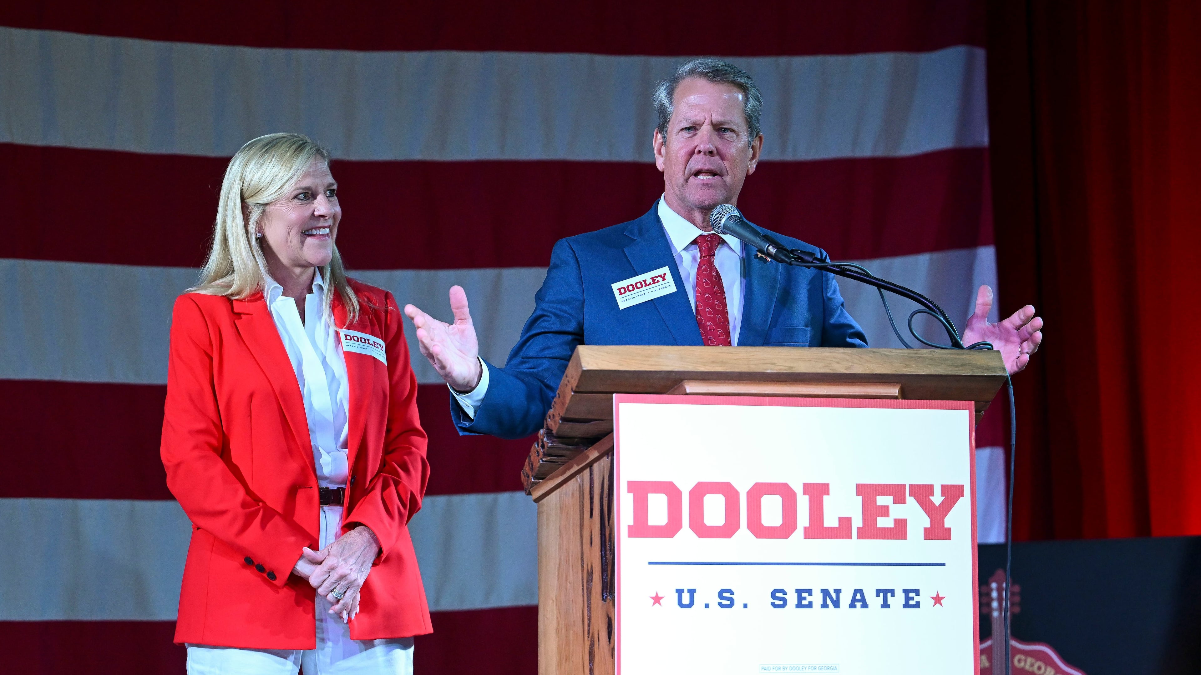 Gov. Brian Kemp and first lady Marty Kemp campaigned for Derek Dooley for U.S. Senate. (Daniel Varnado/AJC)
