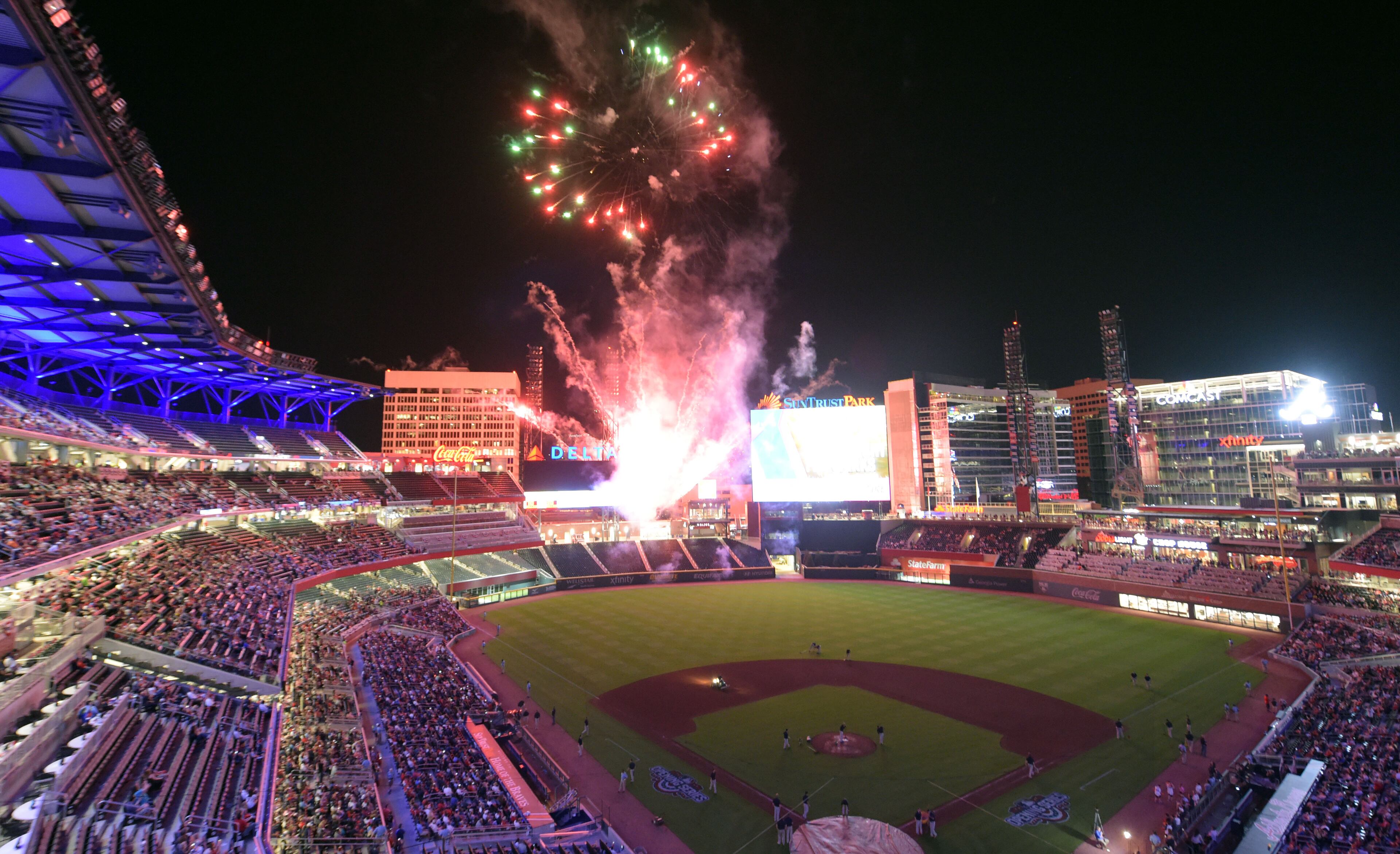Fireworks explode over the stadium as the Atlanta Braves beat the San Diego Padres in the season opener in the new SunTrust Park Friday, April 14, 2017. The Braves won 5-2.