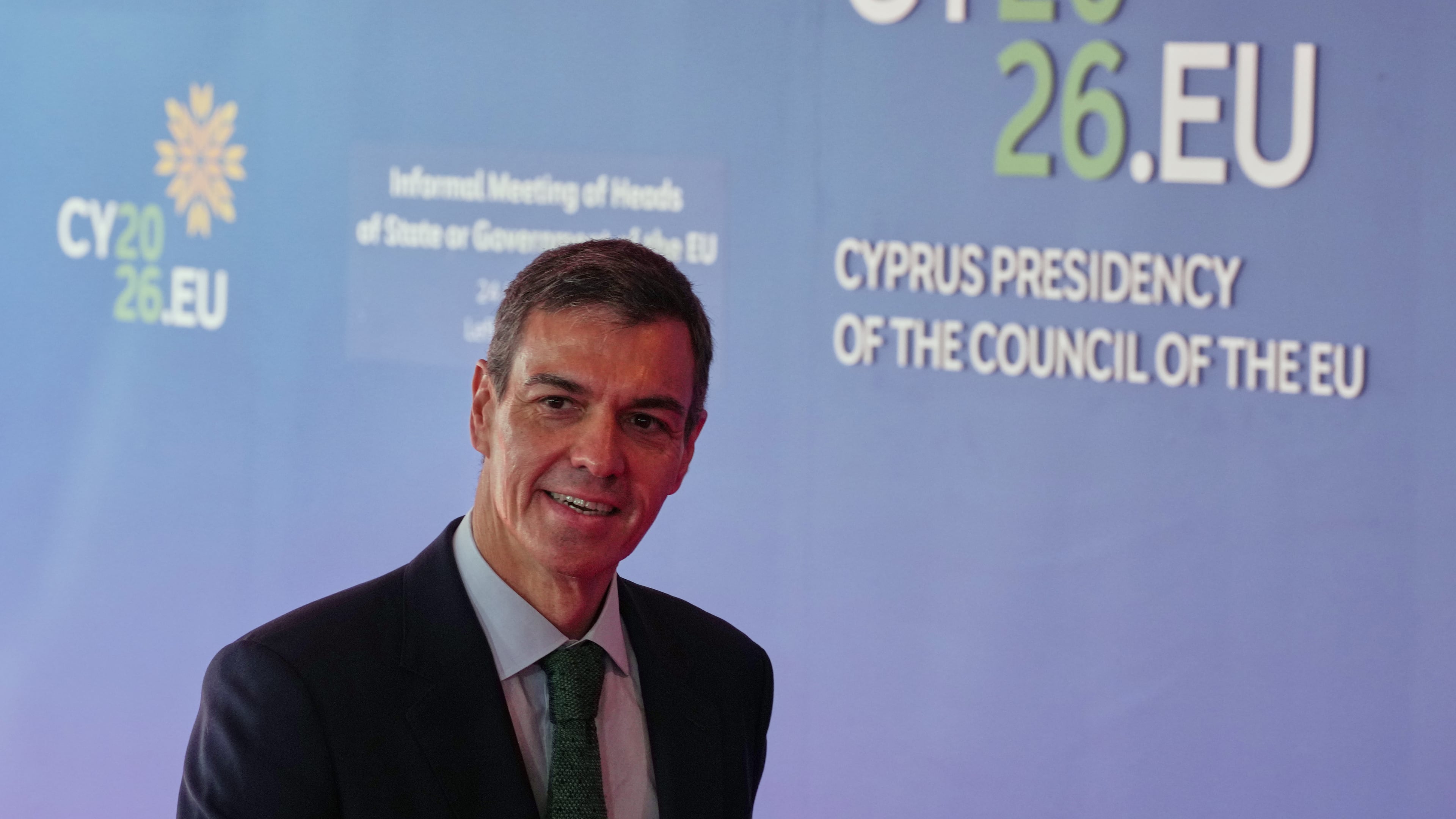 Spain's Prime Minister Pedro Sanchez arrives for the EU Summit in Nicosia, Cyprus, Friday, April 24, 2026. (AP Photo/Petros Karadjias)