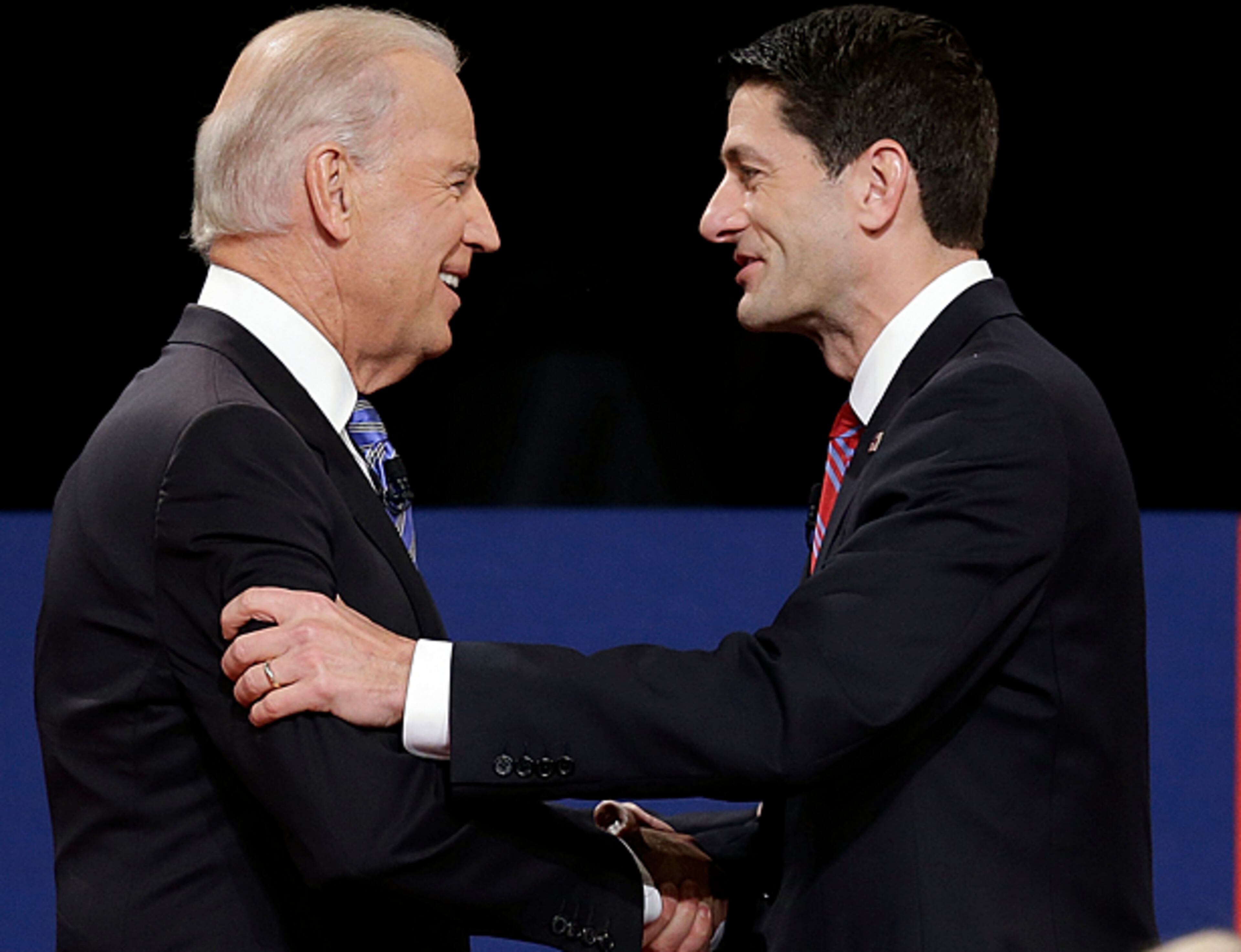 Vice President Joe Biden and Republican vice presidential nominee Rep. Paul Ryan of Wisconsin shake hands before the vice presidential debate at Centre College, Thursday, Oct. 11, 2012, in Danville, Ky. (AP Photo/Charlie Neibergall)