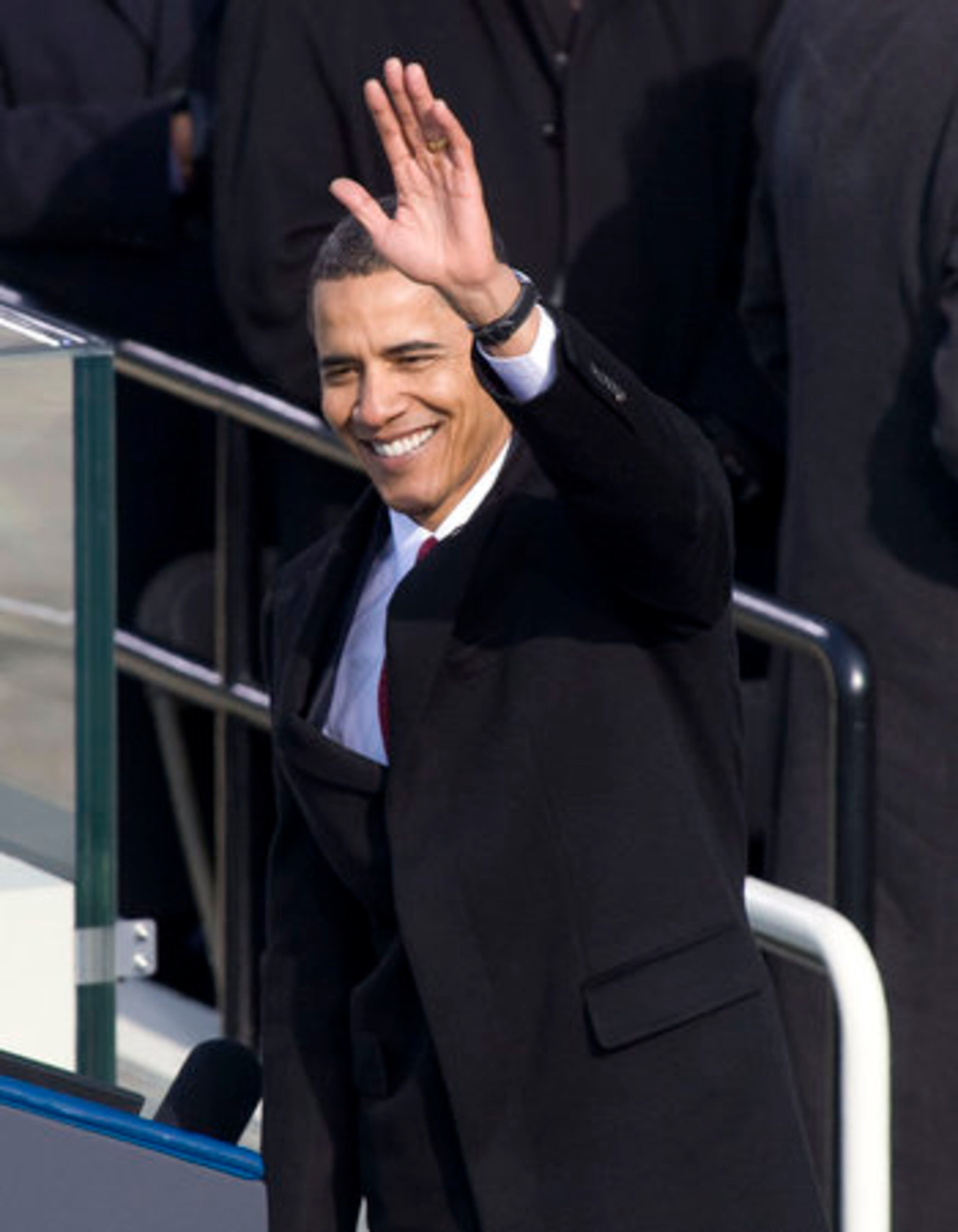 President Barack Obama waves after delivering his inaugural address after taking the oath as the 44th U.S. President.