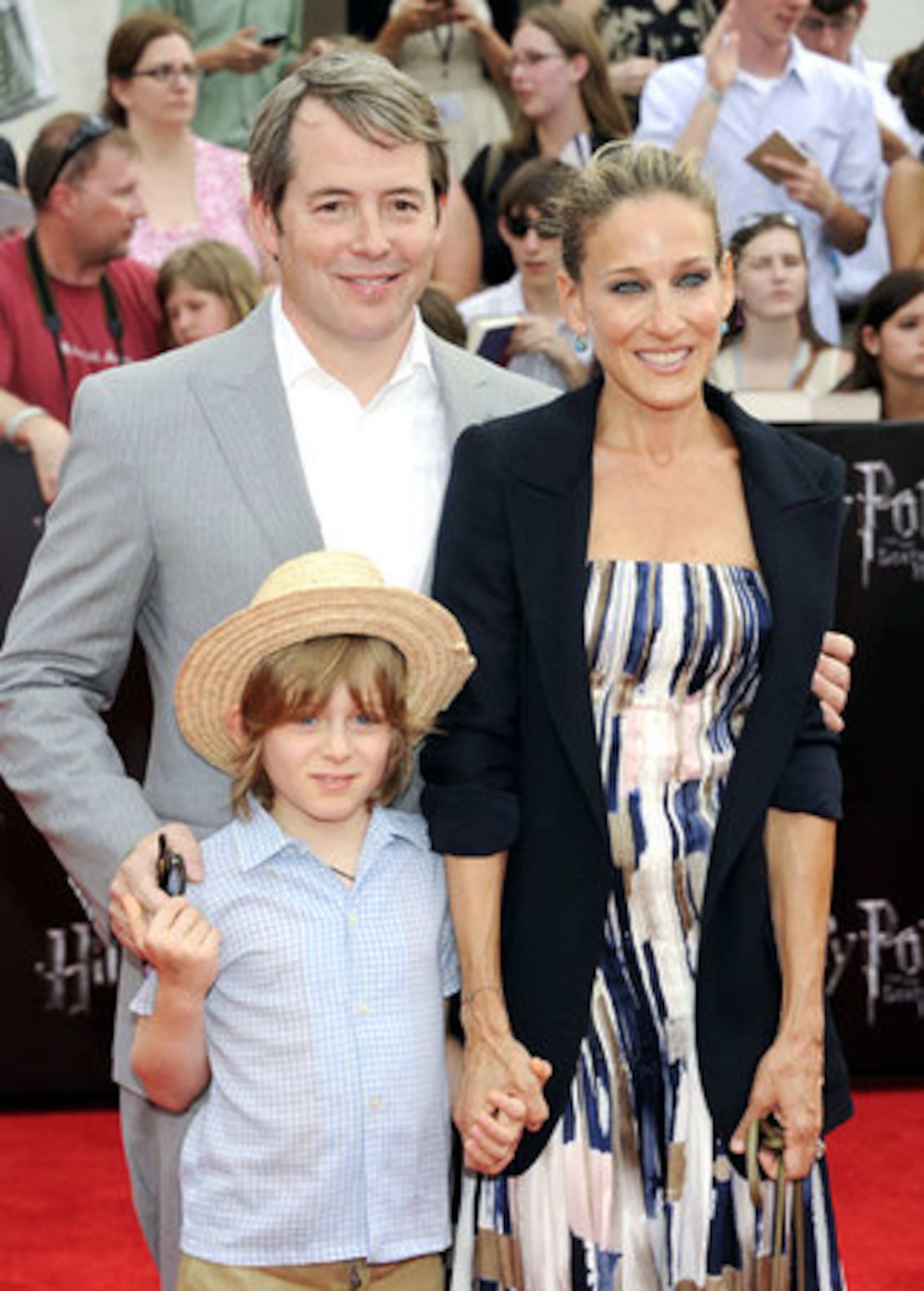 Actors Matthew Broderick and Sarah Jessica Parker pose with their son James Wilke at the premiere of "Harry Potter and the Deathly Hallows: Part 2."