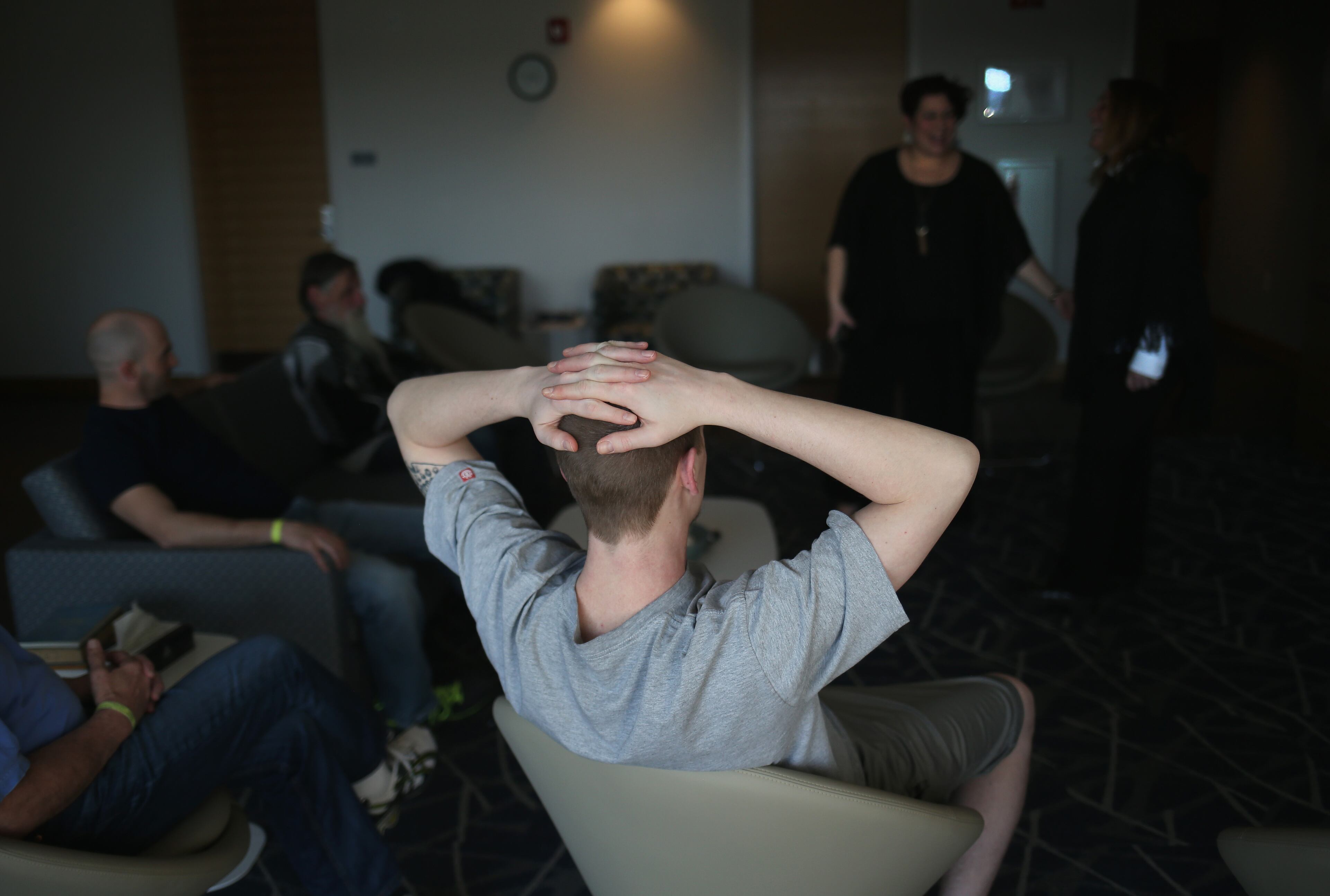 Drug addicts in recovery take part in a group therapy session at a substance abuse treatment center on March 22, 2016, in Westborough, Massachusetts. The new 100-bed residential rehab center, run by Spectrum Health Systems, is expanding staff. “When you go right back to the same environment, it’s hard to stay clean,” Jennifer Weiss-Burke, executive director of Healing Addiction in Our Community, a nonprofit group formed to curb heroin addiction, told The New York Times. “Heroin craving continues to haunt a person for years.”