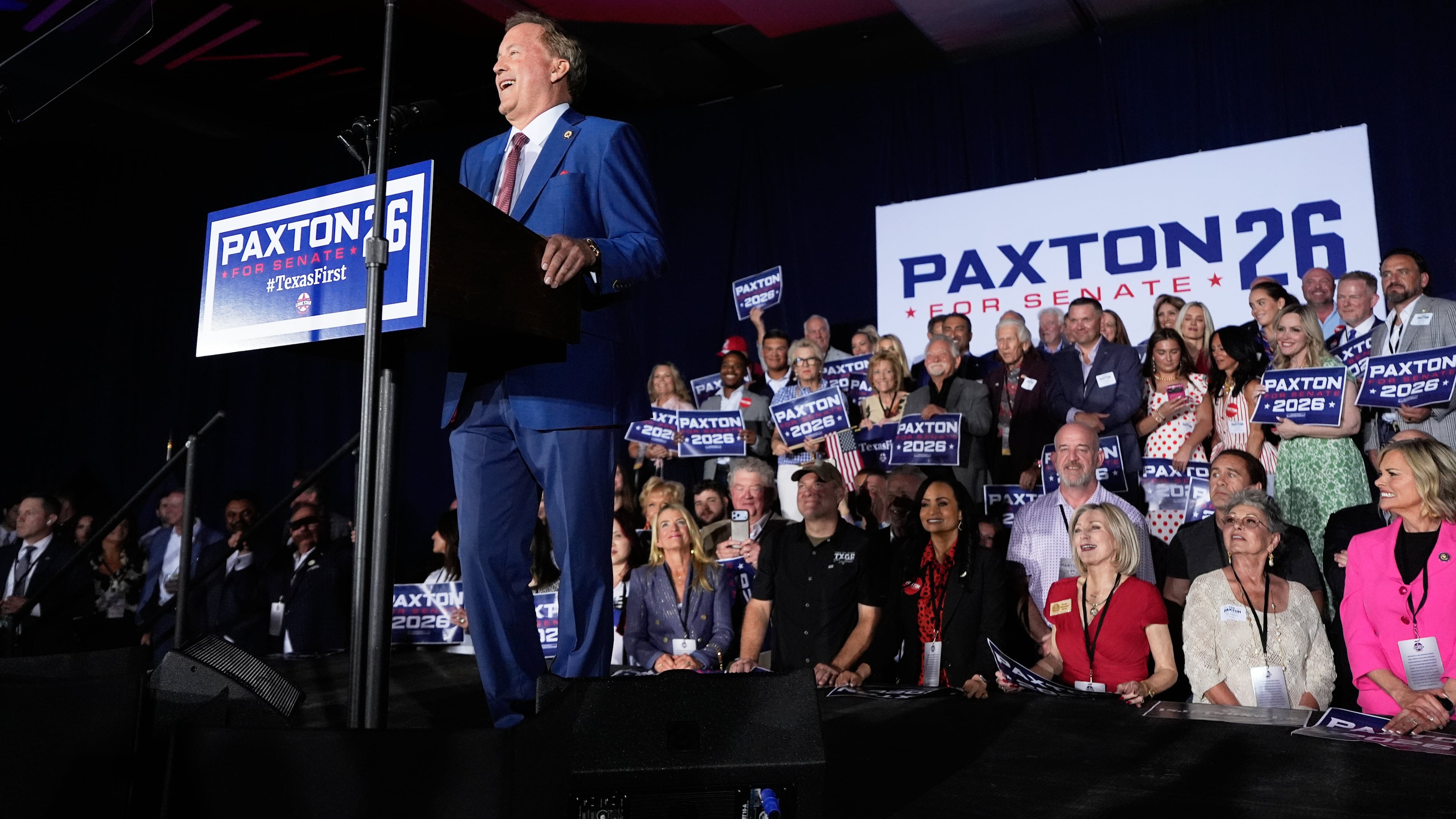 Texas Attorney General Ken Paxton, a Republican candidate for the U.S. Senate, speaks during a primary runoff election night event after winning the Republican party's nomination Tuesday, May 26, 2026, in Plano, Texas. (AP Photo/Tony Gutierrez)