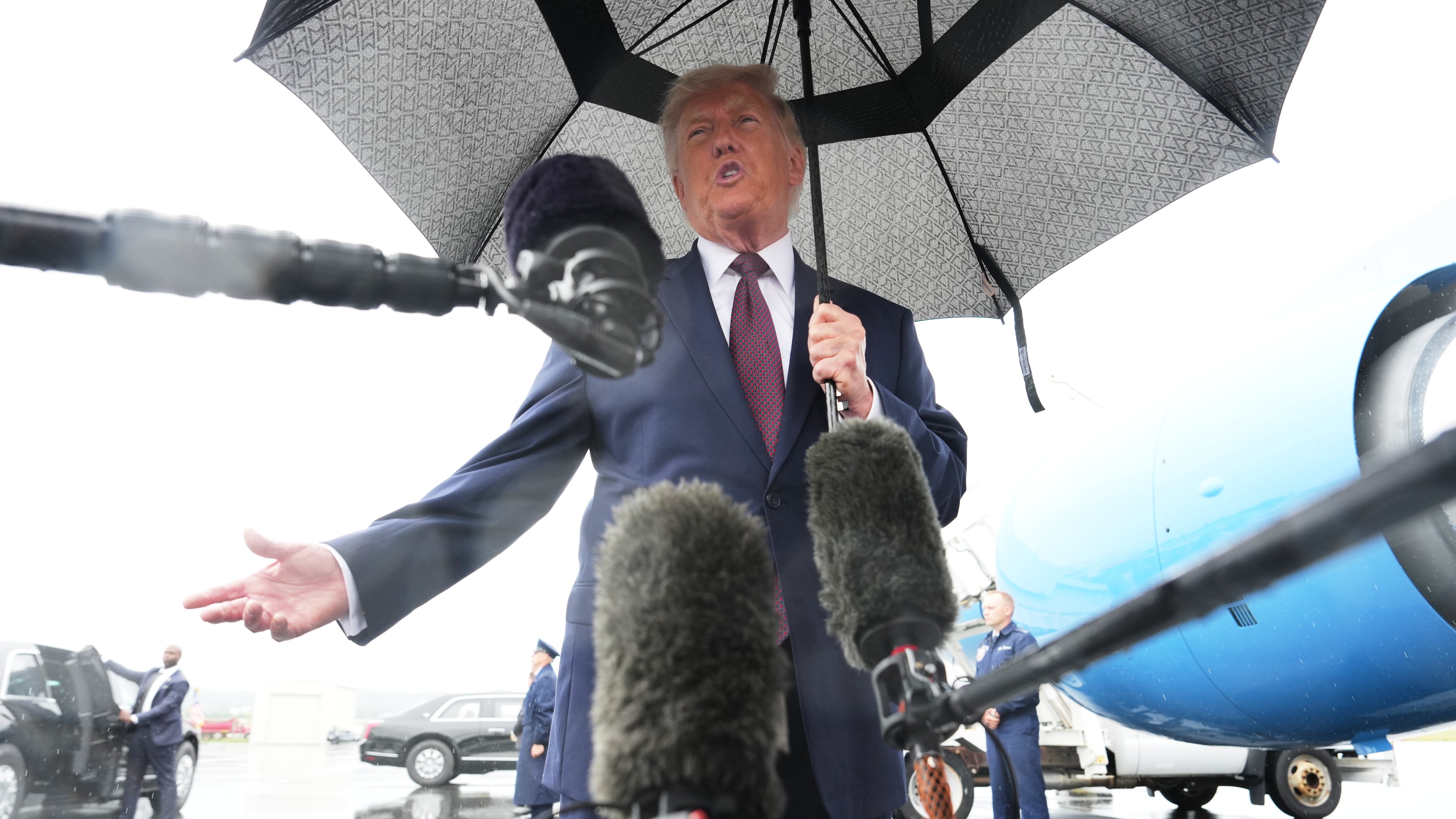 President Donald Trump speaks to the media after disembarking Air Force One at Reading Regional Airport, Tuesday, June 23, 2026, in Reading, Pa. (AP Photo/Julia Demaree Nikhinson)