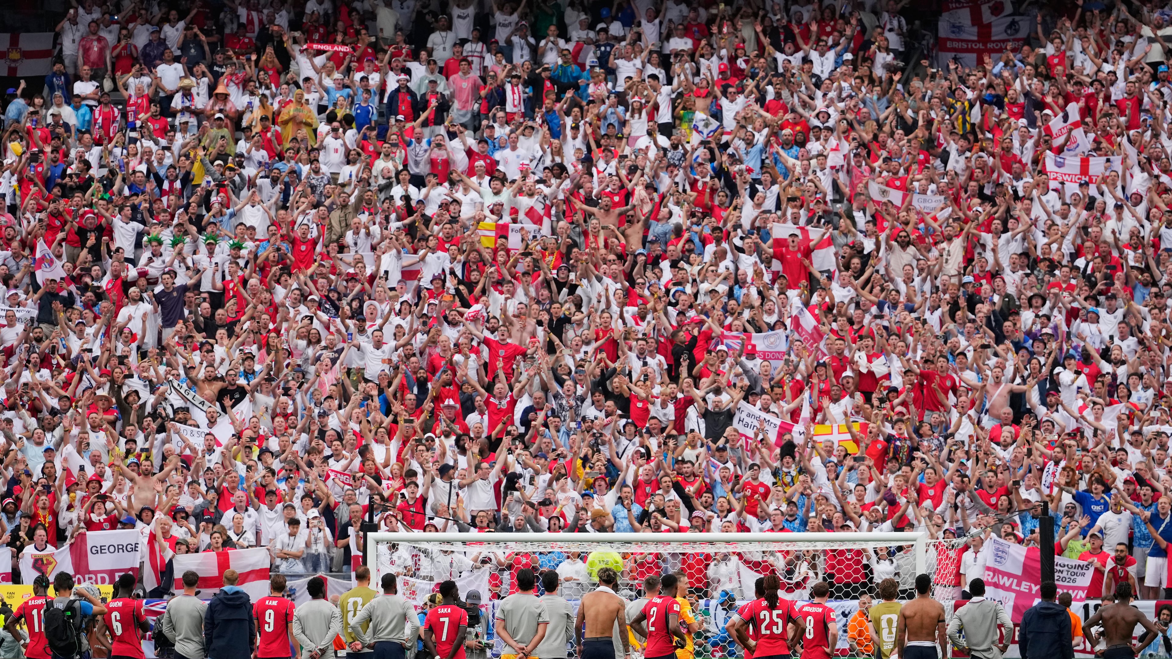 England fans react after the World Cup Group L soccer match between Panama and England in East Rutherford, N.J., near New York, Saturday, June 27, 2026. (Yuki Iwamura/AP)