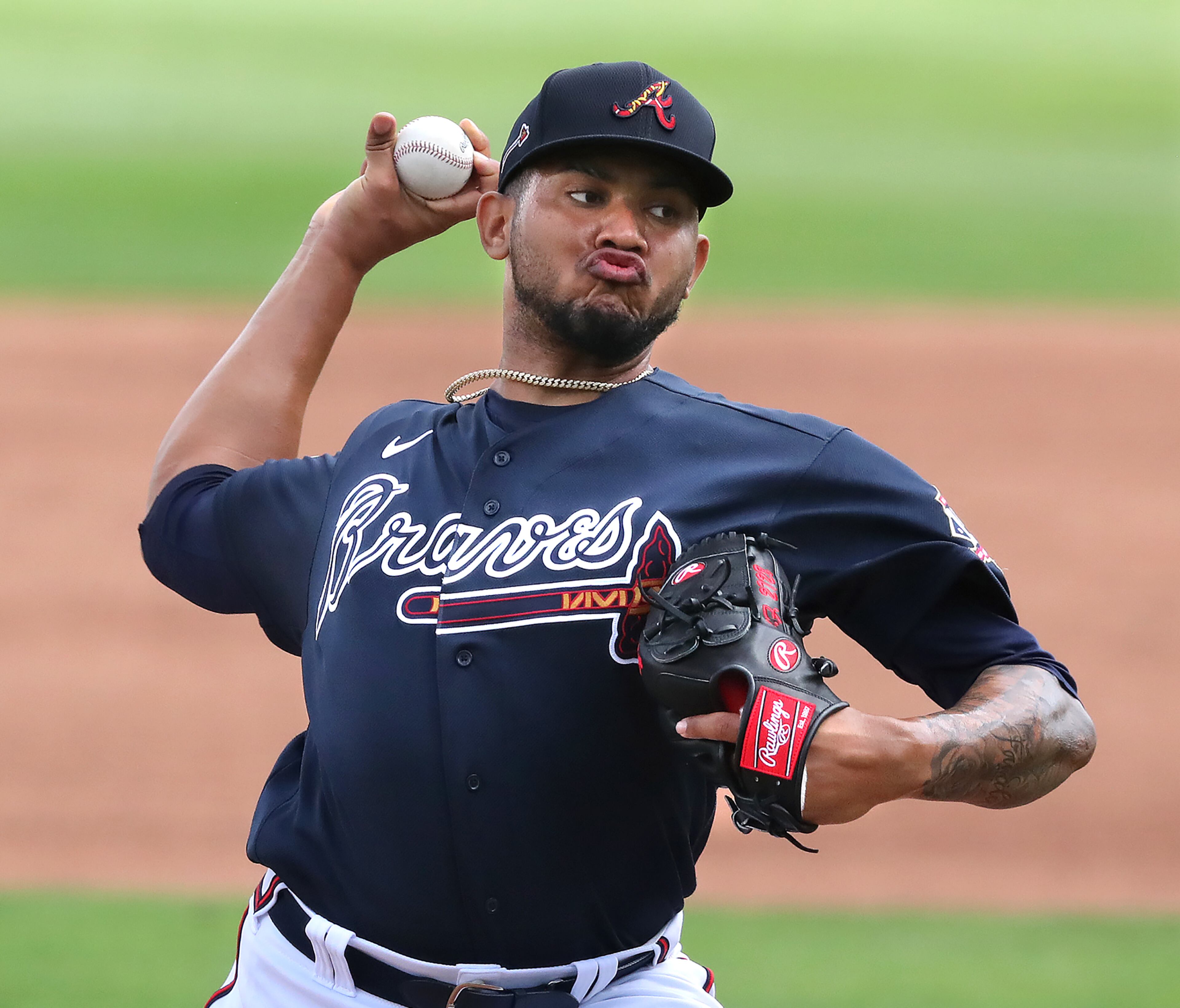 Braves pitcher Huascar Ynoa delivers during live batting practice at spring training in CoolToday Park on Wednesday, Feb. 24, 2021, in North Port. Curtis Compton / Curtis.Compton@ajc.com”