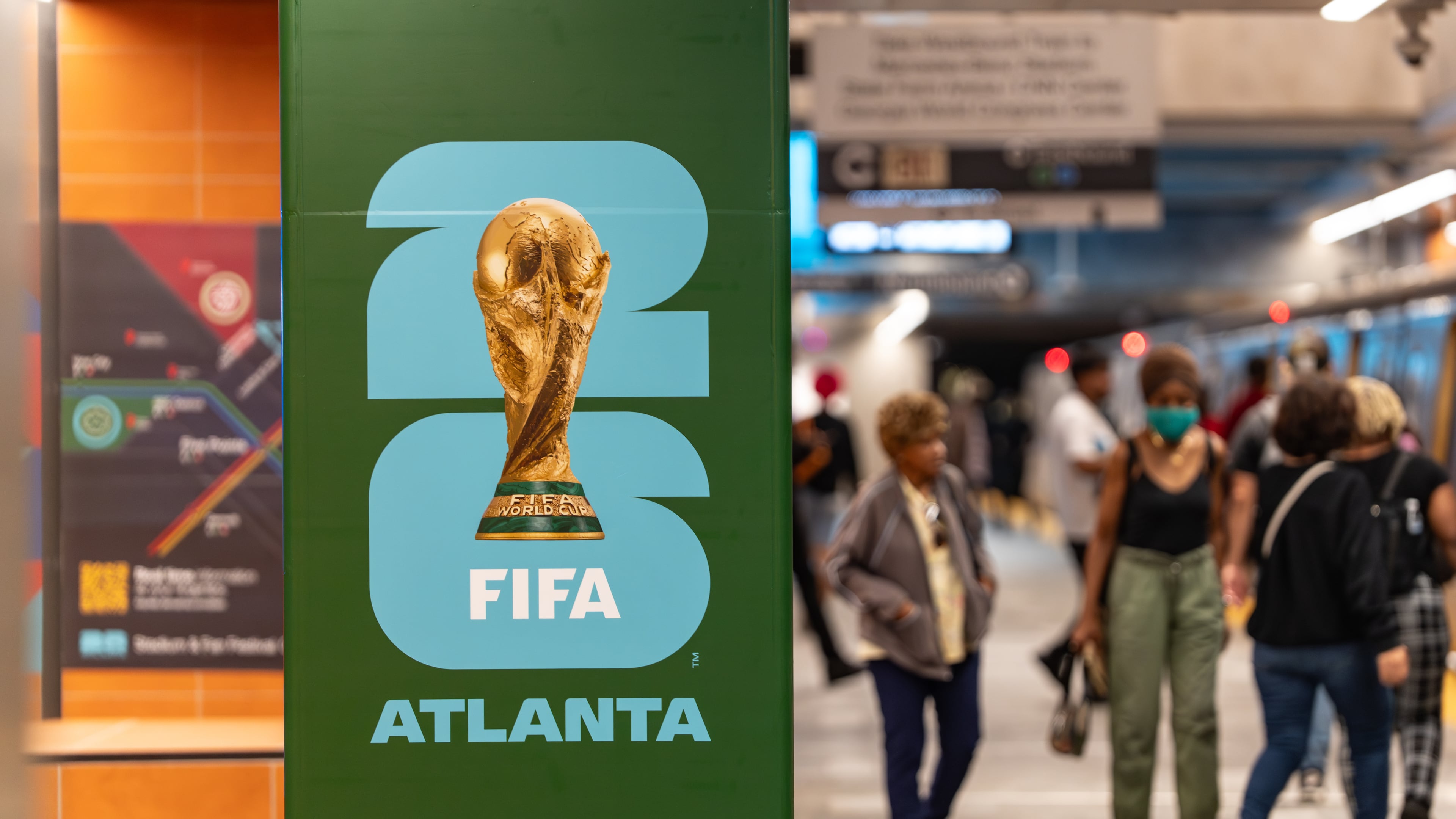 A FIFA World Cup poster is placed inside the Five Points MARTA station on Friday, June 5, 2026. (Ben Hendren for the AJC)