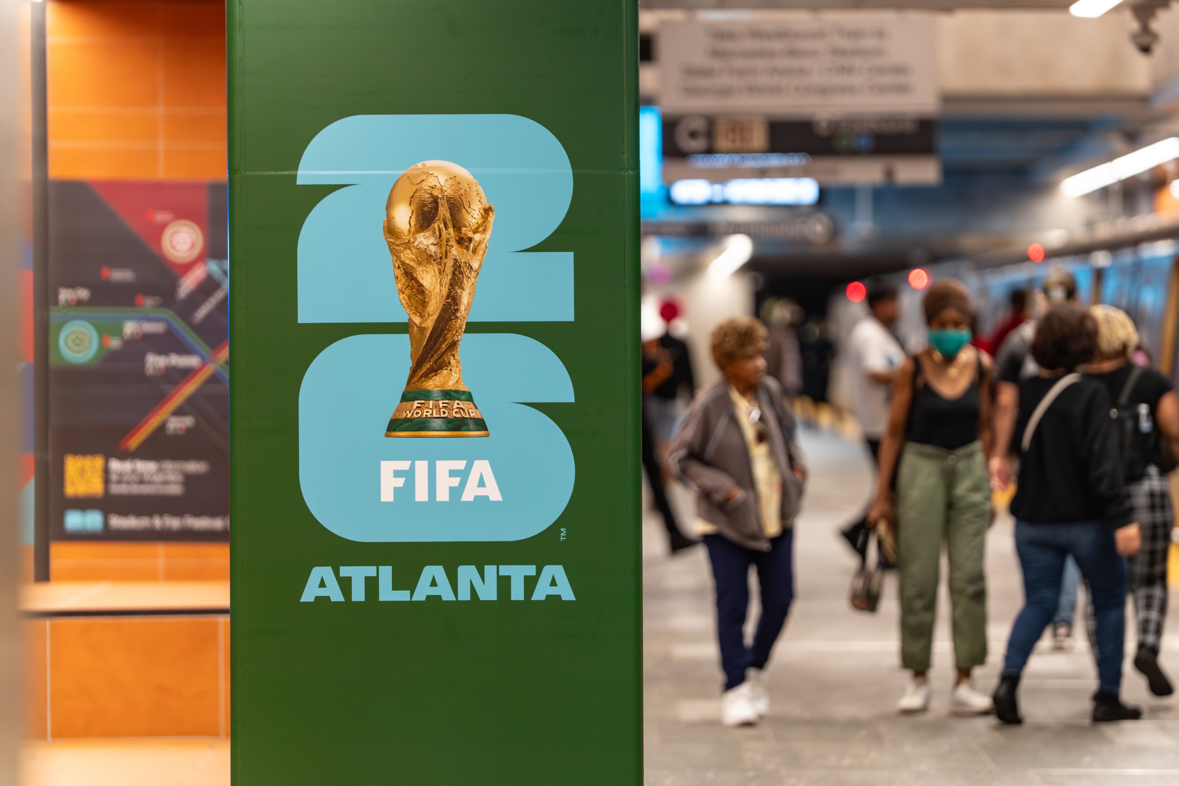 A FIFA World Cup poster is placed inside the Five Points MARTA station on Friday, June 5, 2026. (Ben Hendren for the AJC)