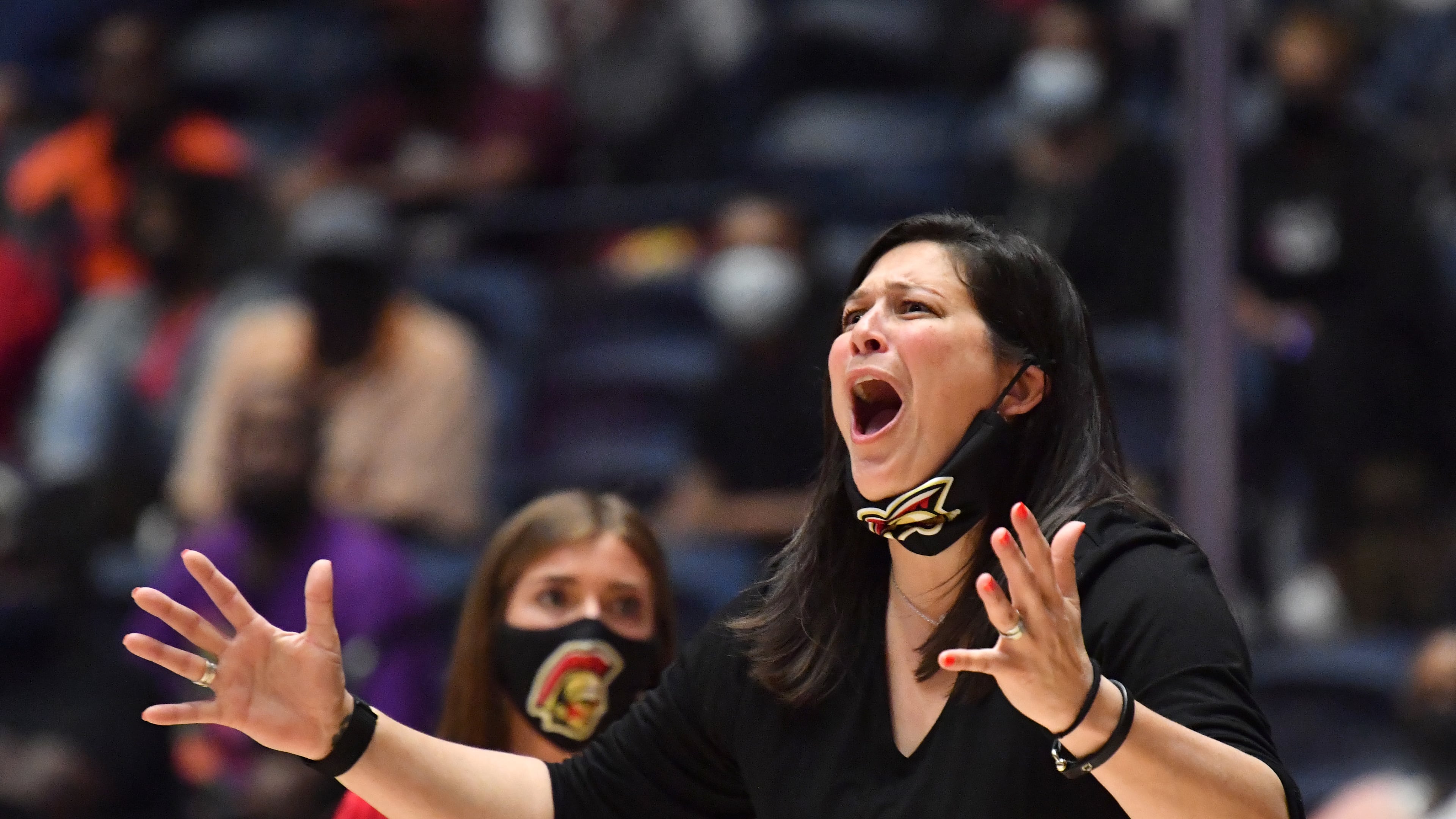 In this file photo, Greater Atlanta Christian head coach Jessica Guarneri reacts during the 2021 GHSA State Basketball Class AAA Girls Championship game at the Macon Centreplex in Macon on Friday, March 12, 2021 Cross Creek won 56-44 over Greater Atlanta Christian. (Hyosub Shin/AJC)