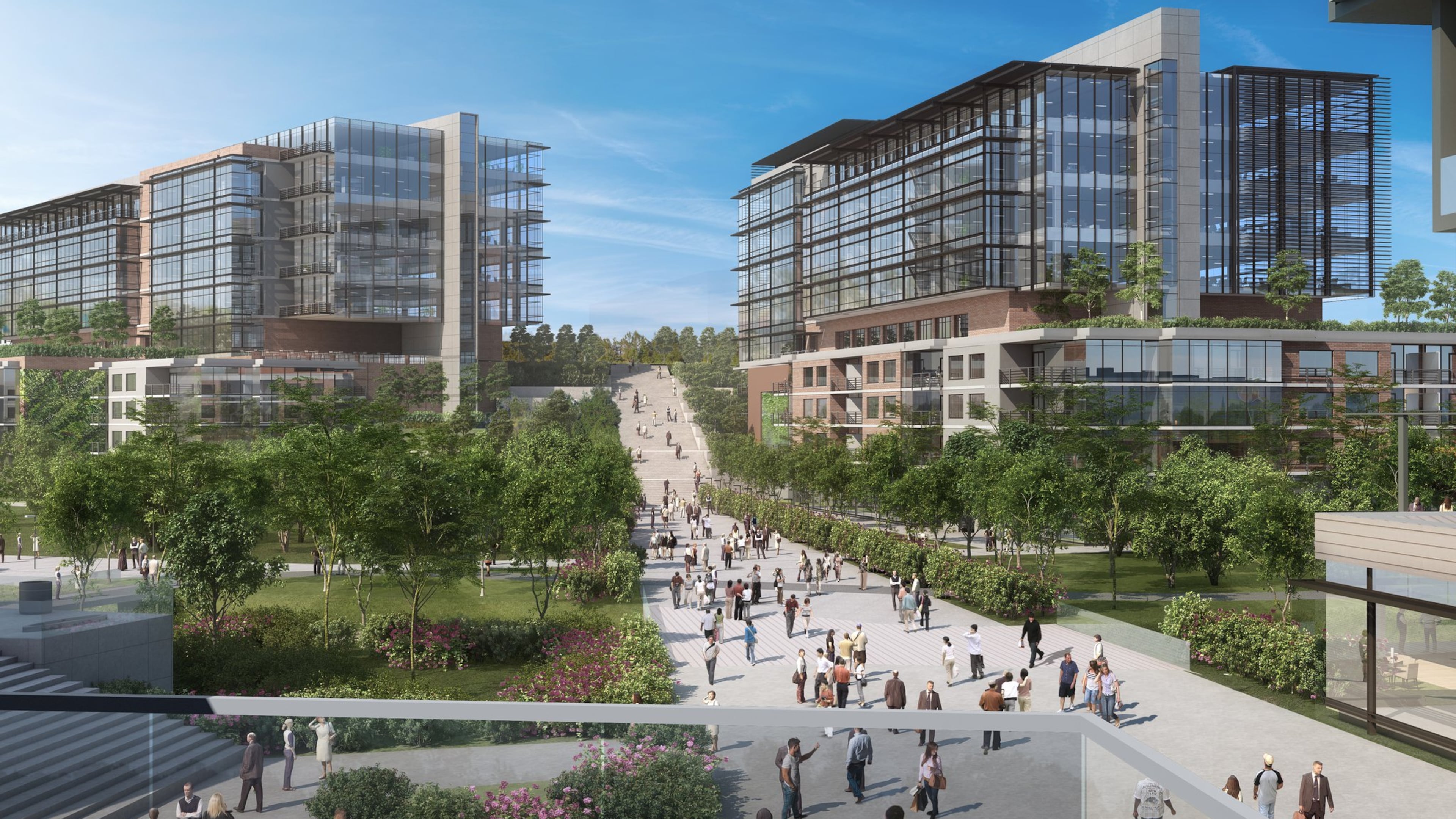 A rendering shows office buildings at the proposed Quarry Yards development near the future Westside Park at Bellwood Quarry in Atlanta. A buyer has taken over the land the project was supposed to be built on.