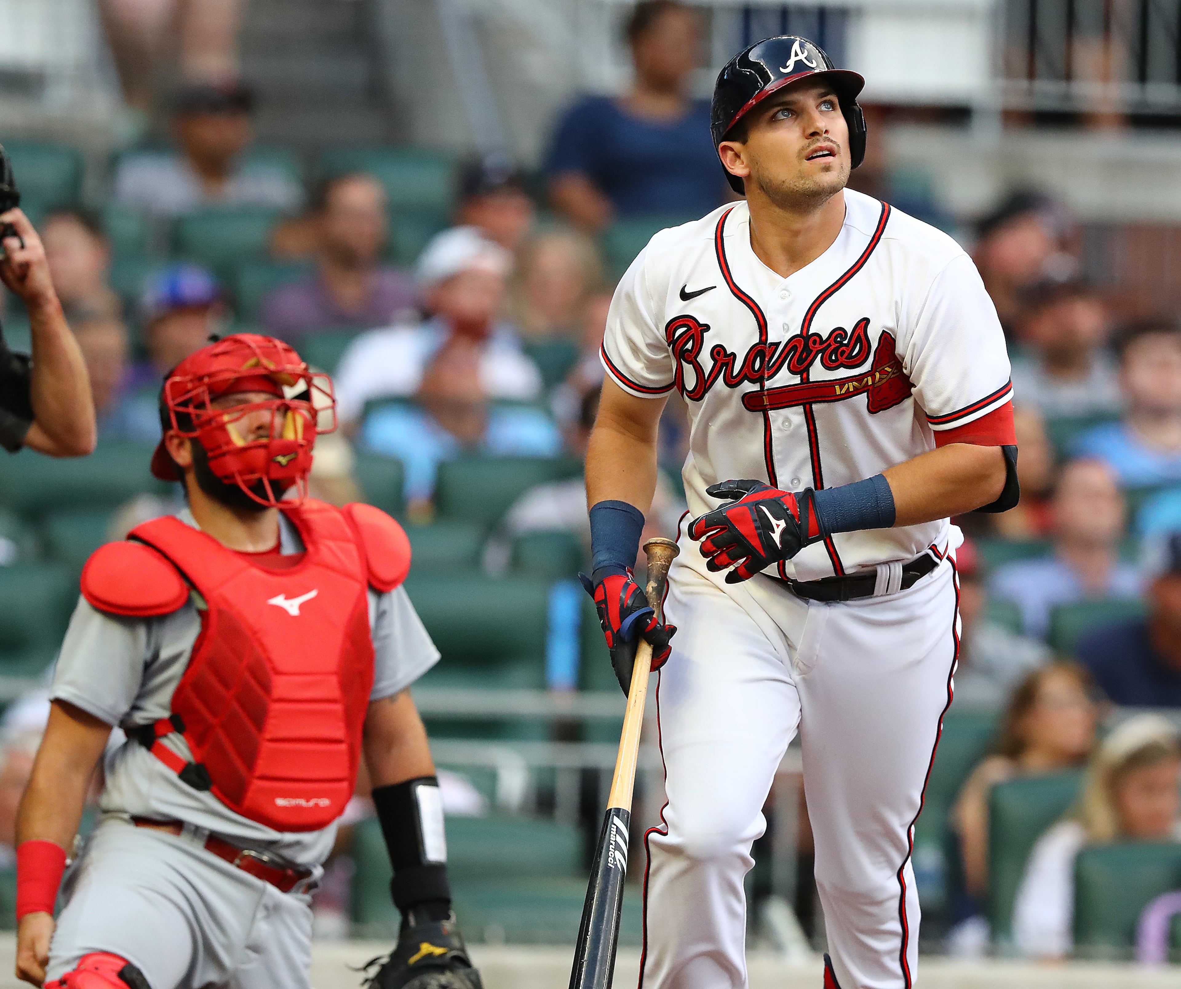 Atlanta Braves third baseman Austin Riley watches his 2-RBI home run leave the park to take a 3-1 lead over the St. Louis Cardinals during the first inning in a MLB baseball game on Tuesday, July 5, 2022, in Atlanta. “Curtis Compton / Curtis.Compton@ajc.com”