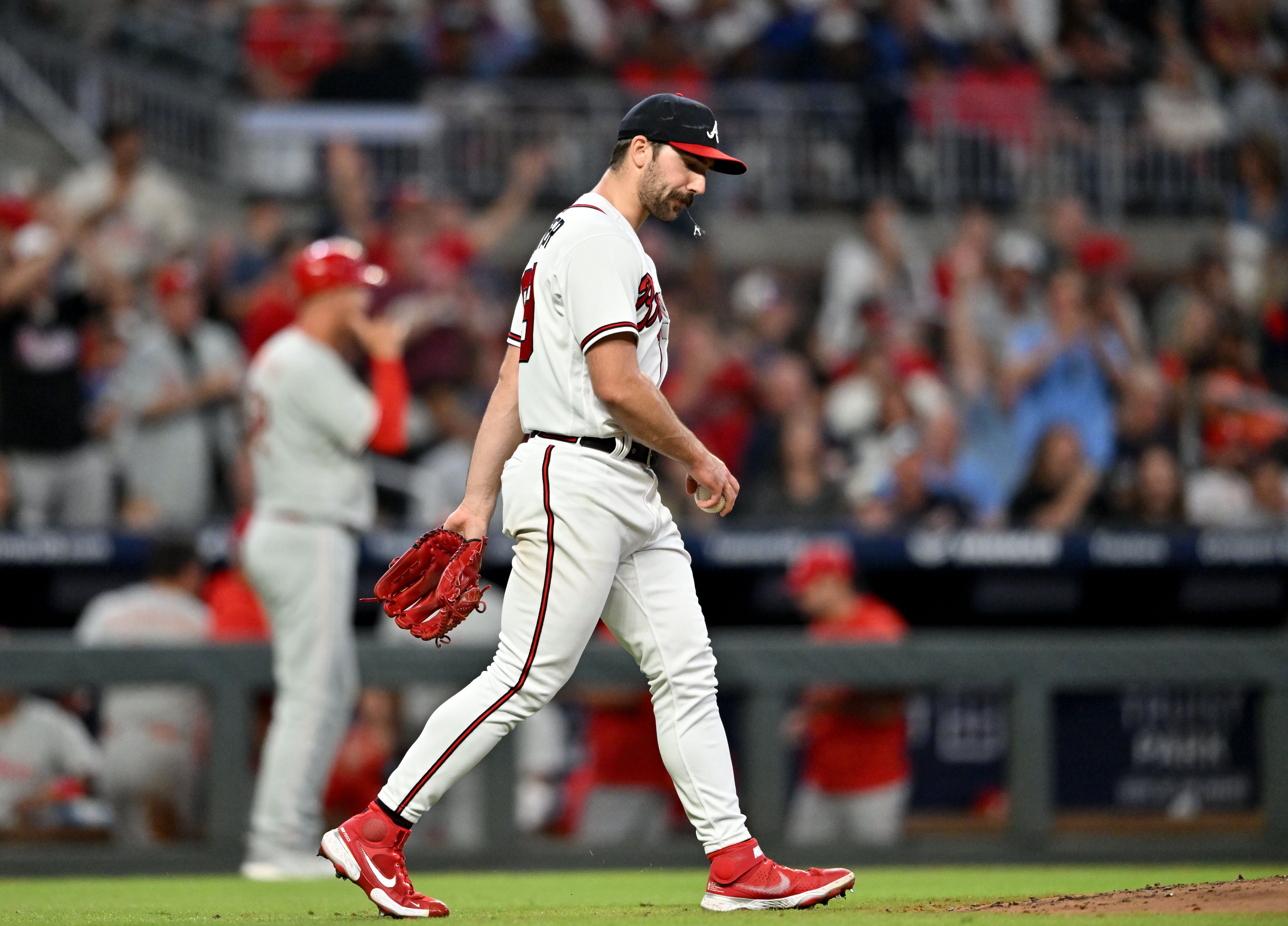 Atlanta Braves' starting pitcher Spencer Strider (99) reacts after allowing a 3-run home run by Philadelphia Phillies' designated hitter Bryce Harper during the sixth inning at Truist Park, Tuesday, September 19, 2023, in Atlanta. Atlanta Braves won 9-3 over Philadelphia Phillies. (Hyosub Shin / Hyosub.Shin@ajc.com)