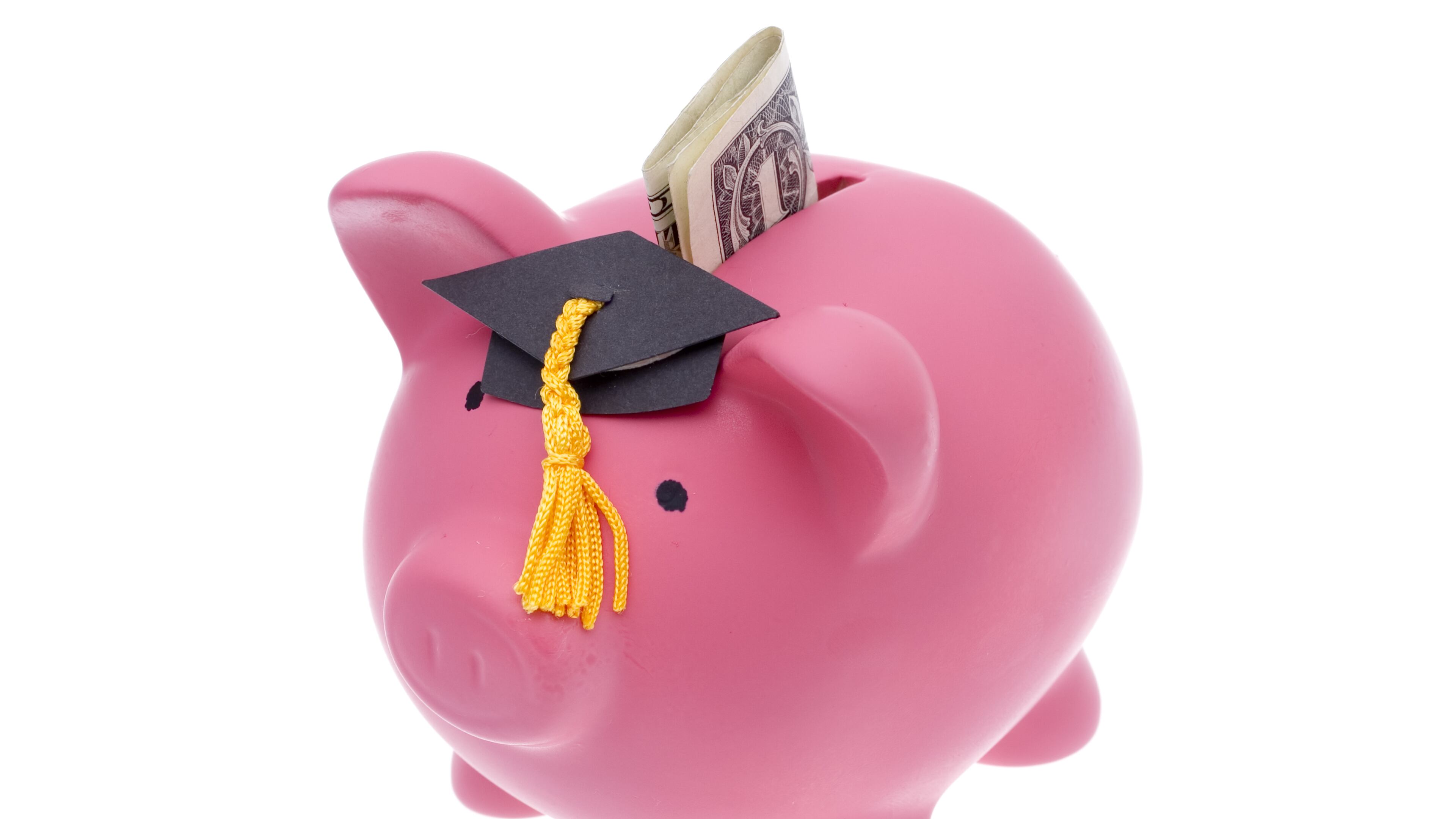 Student loan, piggy bank with graduation cap.