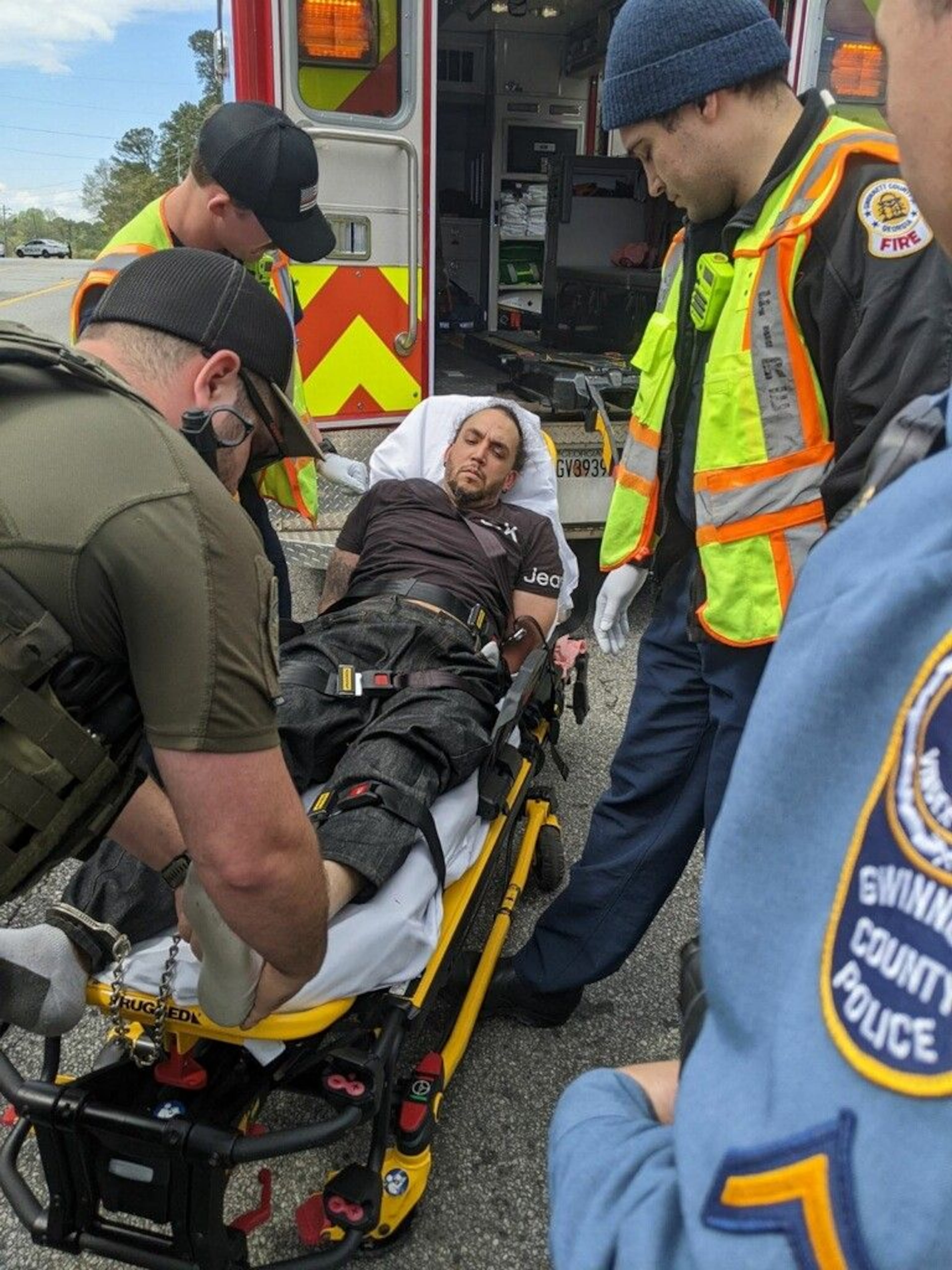 A Gwinnett County police officer used a local waste management company's front-end loader to disable another front-end loader driven by a disgruntled employee who led officers on a chase along public roads near Duluth on Saturday.