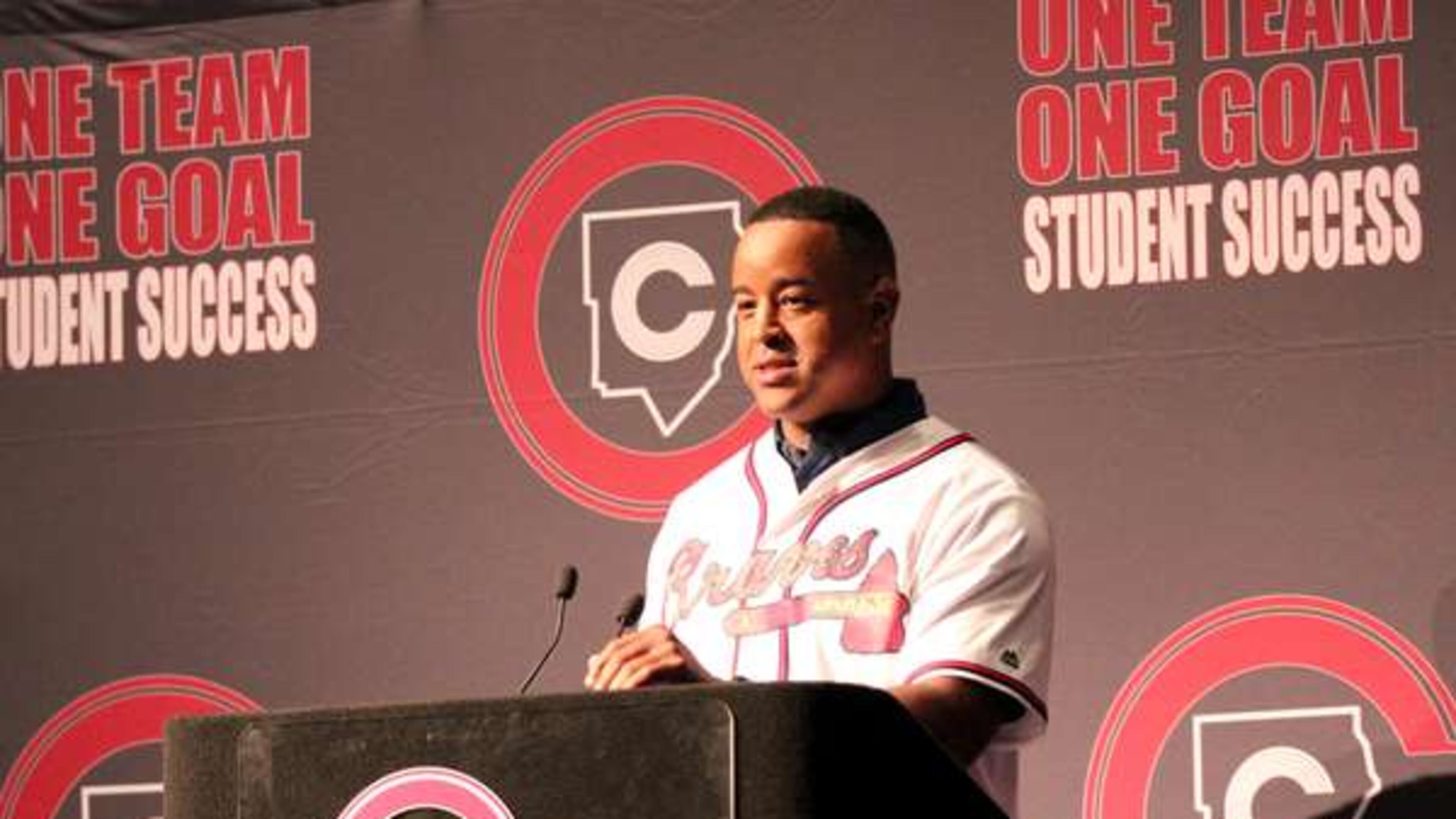 Former Braves player Brian Jordan spoke to Cobb County school leaders last month, when the Braves announced a partnership with the Cobb County School District.