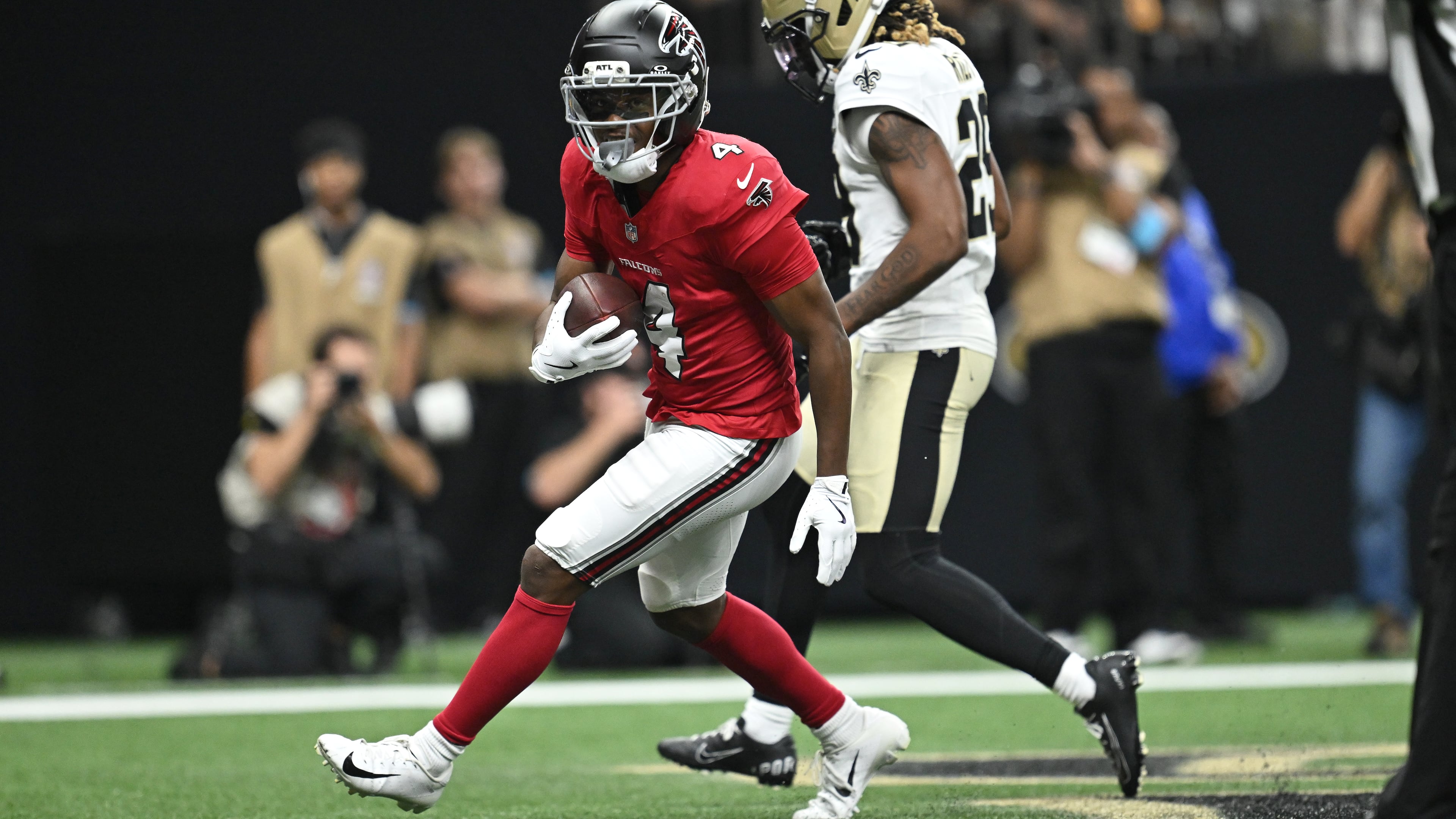 Atlanta Falcons wide receiver Jahan Dotson reacts after scoring a touchdown next to New Orleans Saints cornerback Quincy Riley during the second half of an NFL game in New Orleans, Monday, Oct. 5, 2026. (Ella Hall/AP)