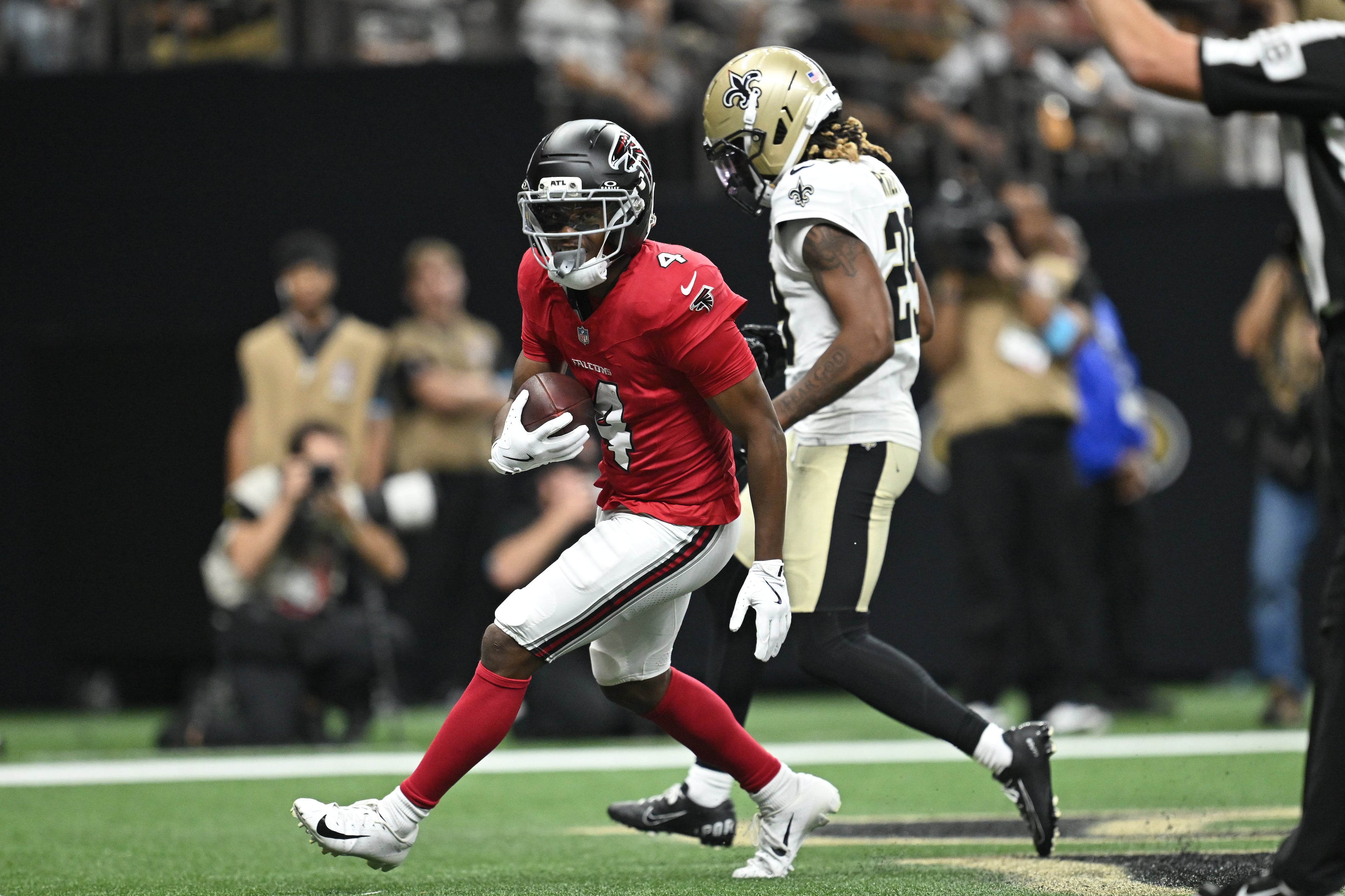 Atlanta Falcons wide receiver Jahan Dotson (left) reacts after scoring a touchdown next to New Orleans Saints cornerback Quincy Riley during the second half of an NFL football game in New Orleans, Monday, Oct. 5, 2026. (Ella Hall/AP)