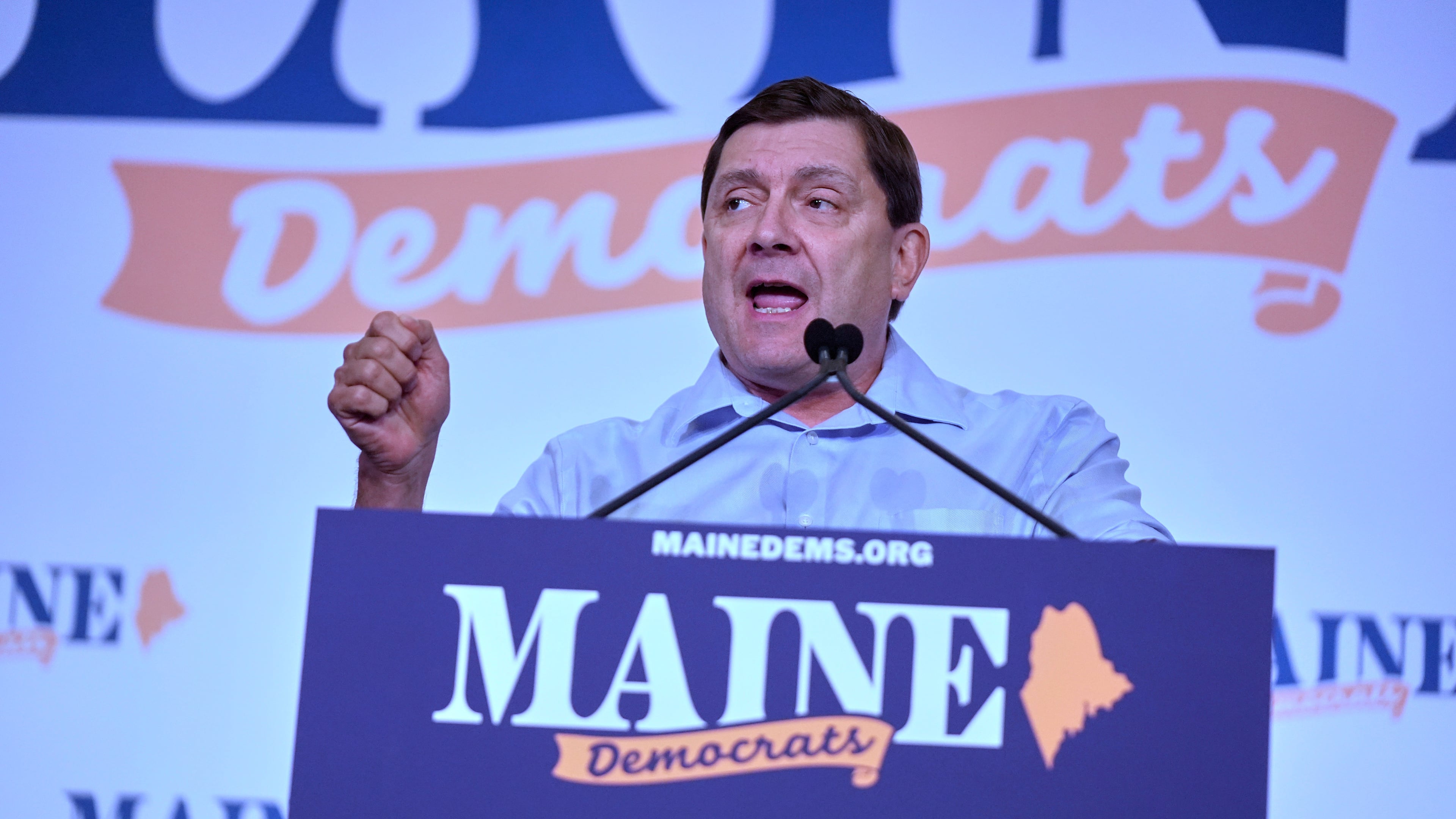 Troy Jackson, Democratic candidate for U.S. Senate, speaks at the Maine Democratic Nominating Convention, Saturday, July 25, 2026, in Bangor, Maine. (AP Photo/Robert F. Bukaty)