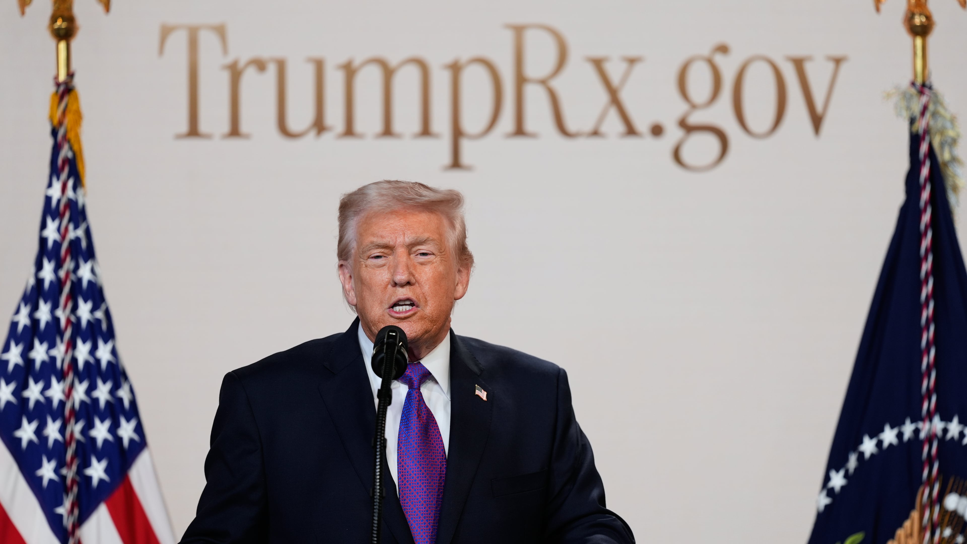President Donald Trump speaks about TrumpRx in the South Court Auditorium in the Old Eisenhower Executive Office Building on the White House campus, Thursday, Feb. 5, 2026, in Washington. (AP Photo/Alex Brandon)