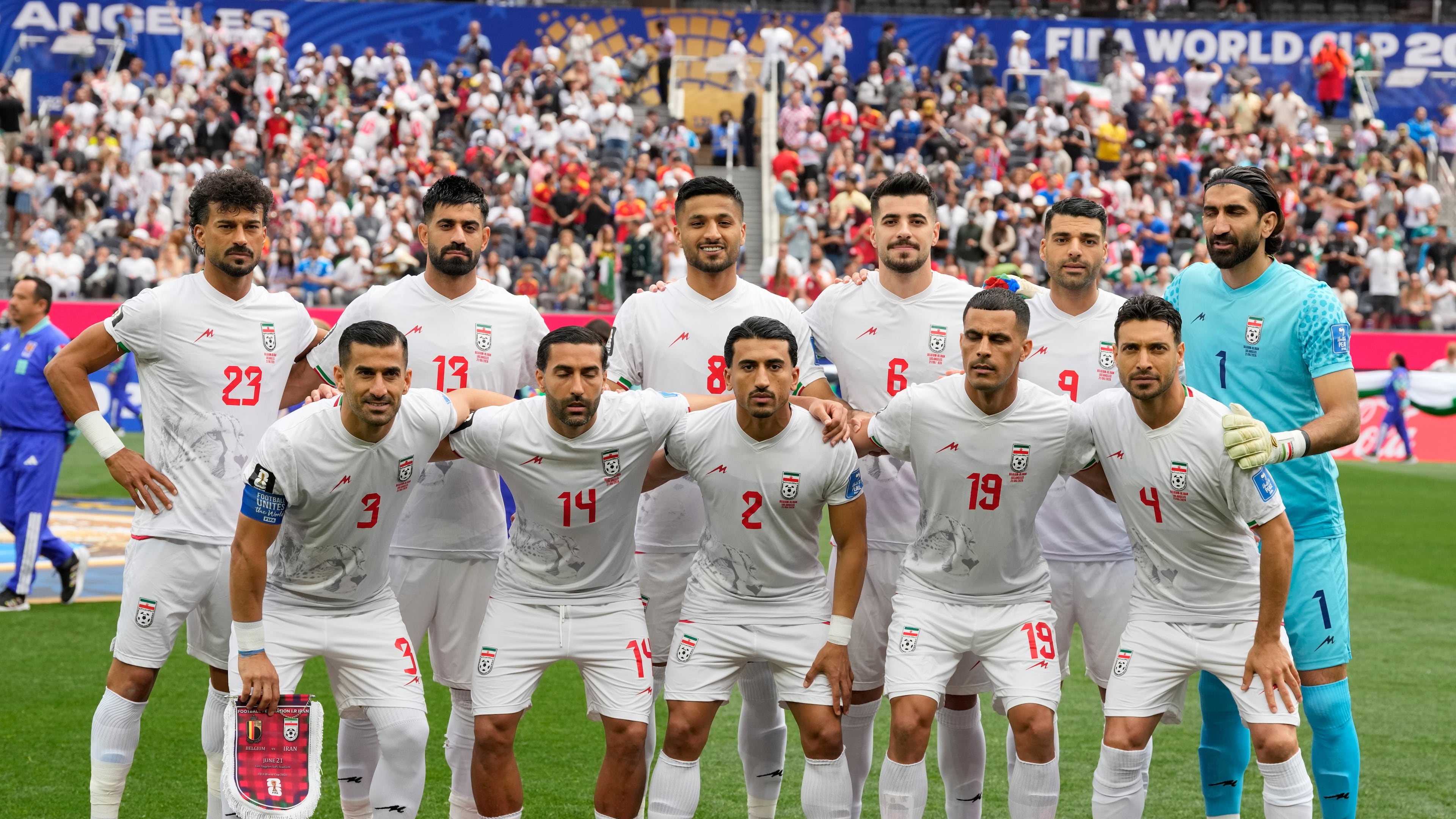 Iran team pose for a group photo prior to the World Cup Group G soccer match between Belgium and Iran in Inglewood, Calif., near Los Angeles, Sunday, June 21, 2026. (AP Photo/Andre Penner)