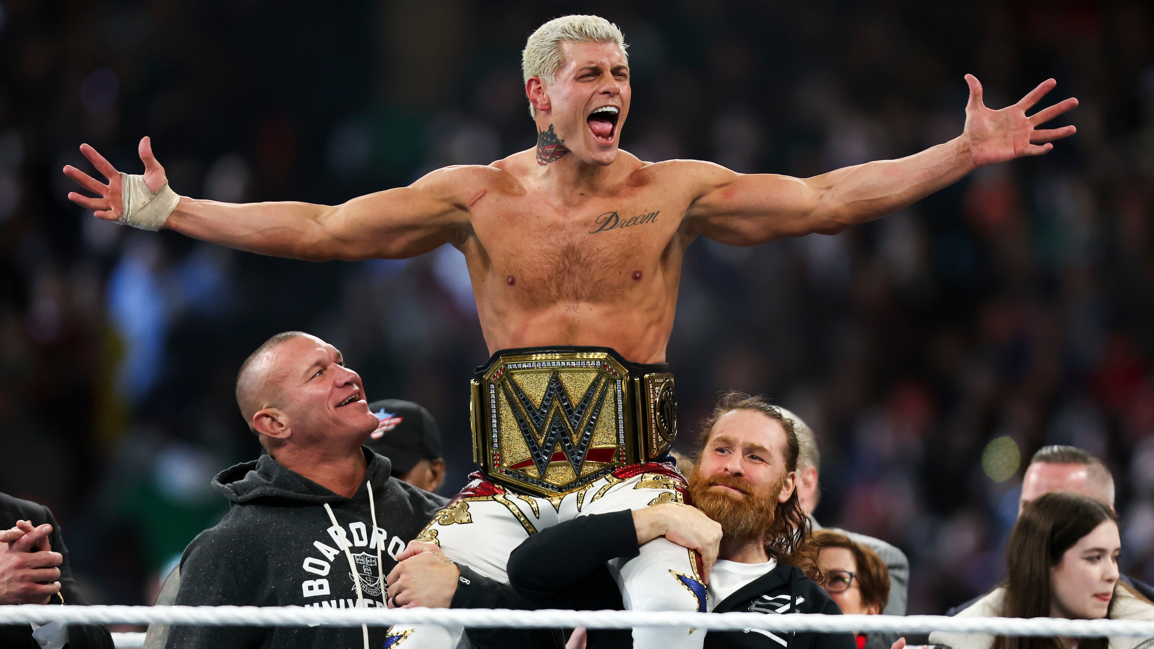 FILE - Cody Rhodes celebrates after winning the Undisputed WWE universal championship match during WrestleMania 40 in Philadelphia, on April 7, 2024. (Monica Herdon/The Philadelphia Inquirer via AP, File)
