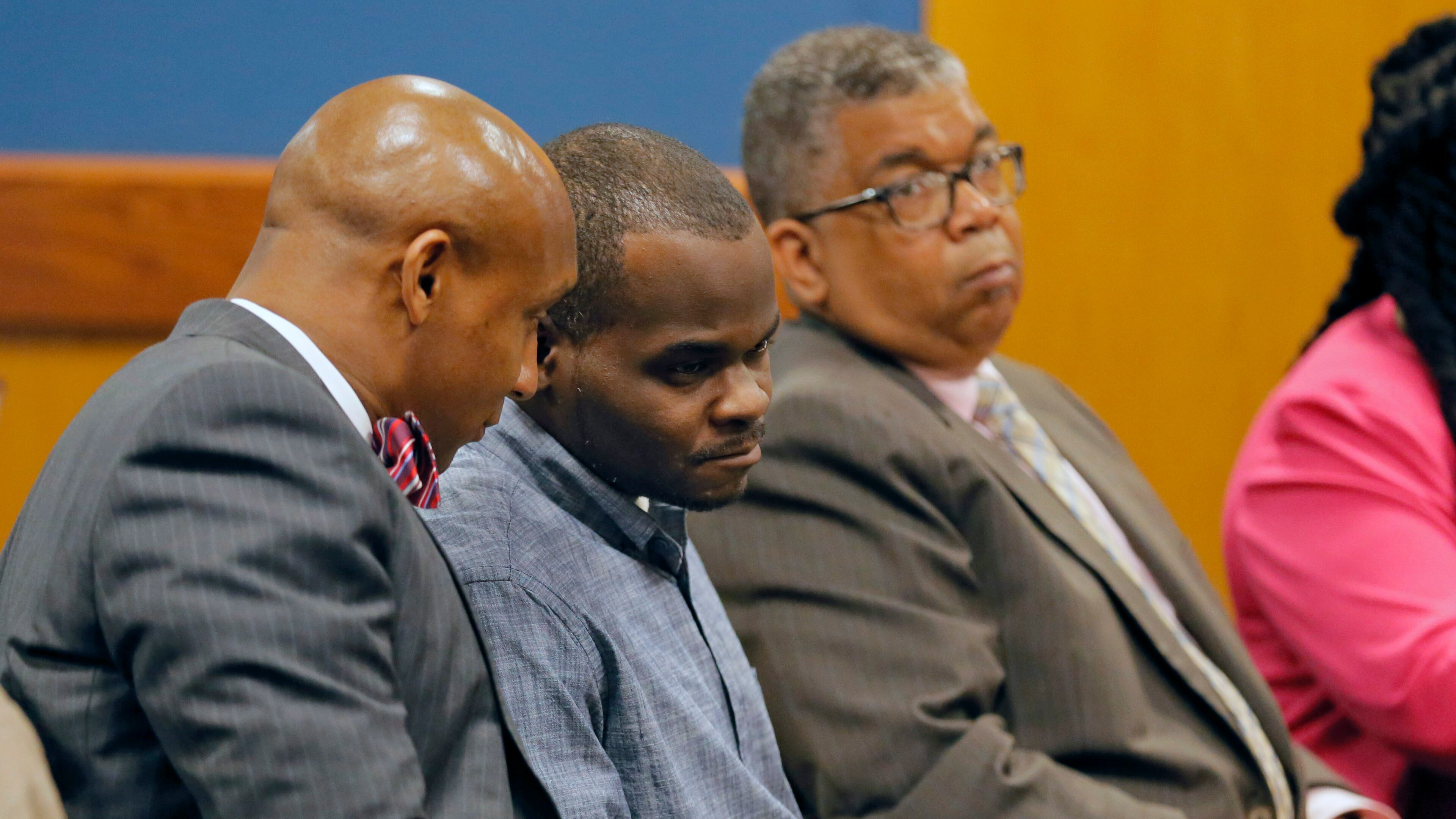 April 18, 2017 - Atlanta - Basil Eleby speaks with Mawuli Davis, one of Elebyâs four attorneys. Elegy, the homeless man accused of setting the fire that brought down a chunk of Interstate 85, is expected to be released on bond after pleading not guilty to arson and criminal trespass charges in court Tuesday morning. BOB ANDRES /BANDRES@AJC.COM