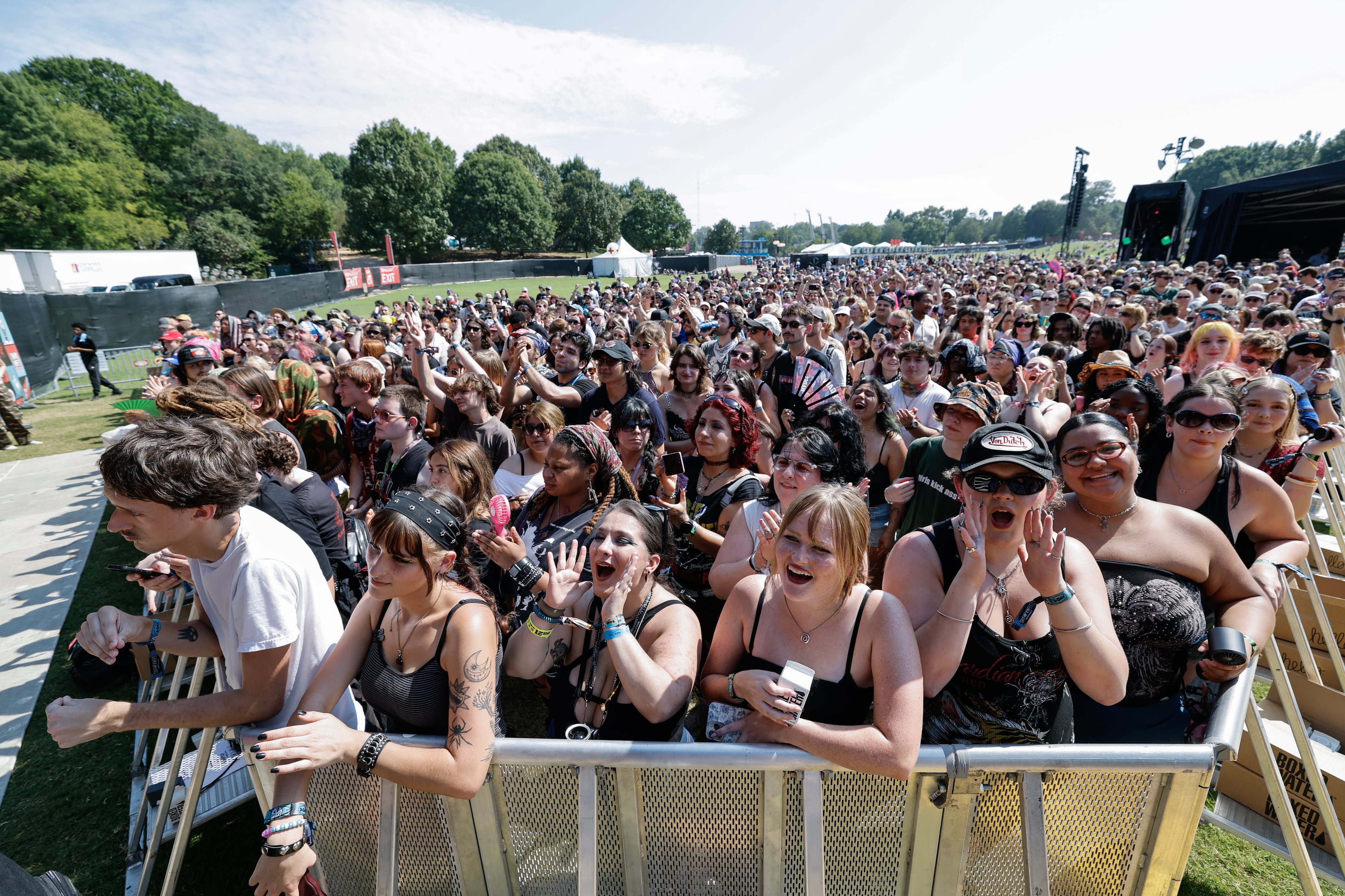 People listen to Sir Chloe perform during the Shaky Knees music festival at Piedmont Park, Saturday, Sept. 19, 2026, in Atlanta. (Erik S. Lesser for the AJC)