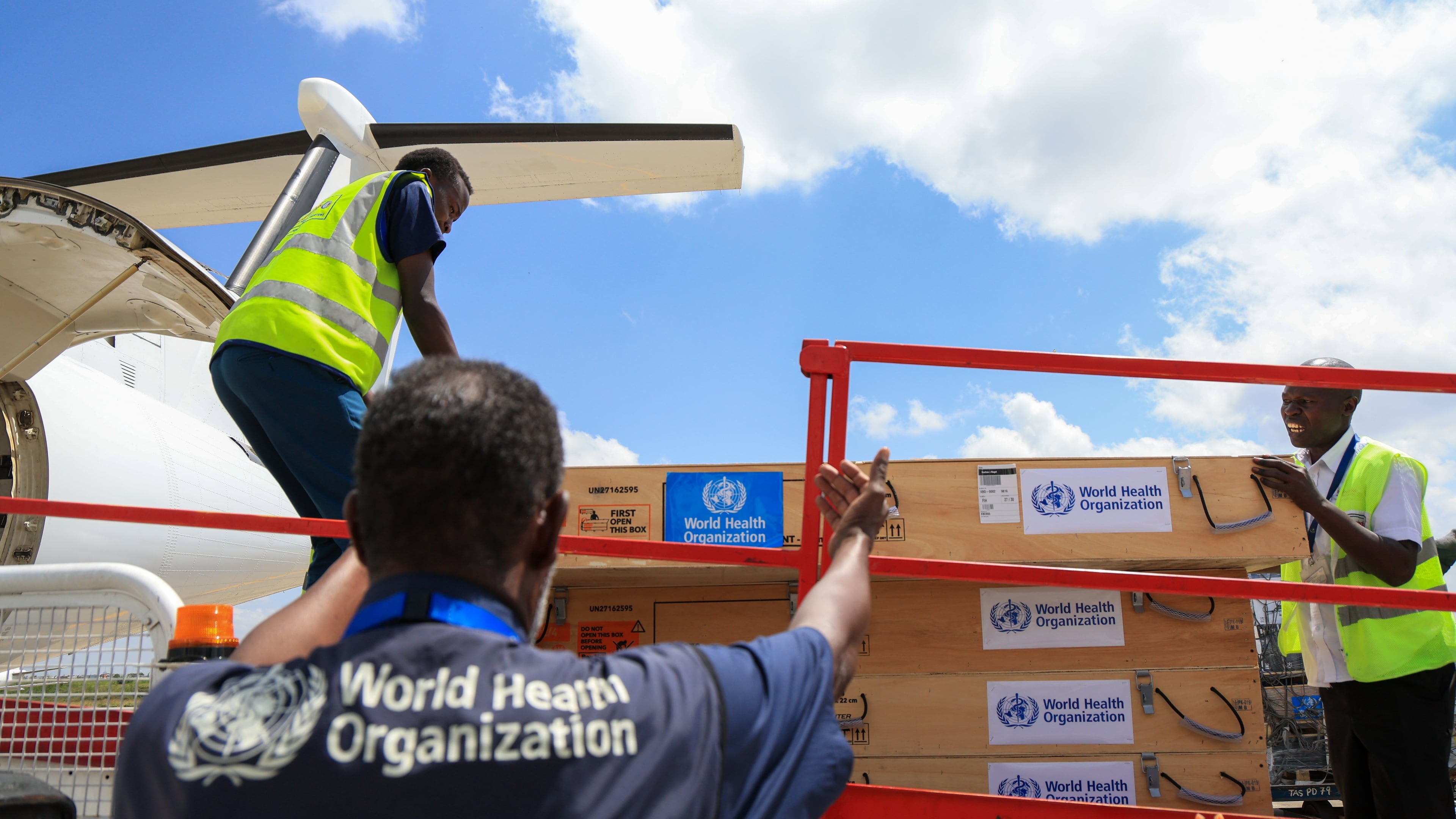 Workers load World Health Organization (WHO) emergency supplies onto a United Nations plane in Nairobi, Kenya, Wednesday, May 20, 2026, headed for Congo to combat the Ebola outbreak in Ituri province. (AP Photo/Andrew Kasuku)