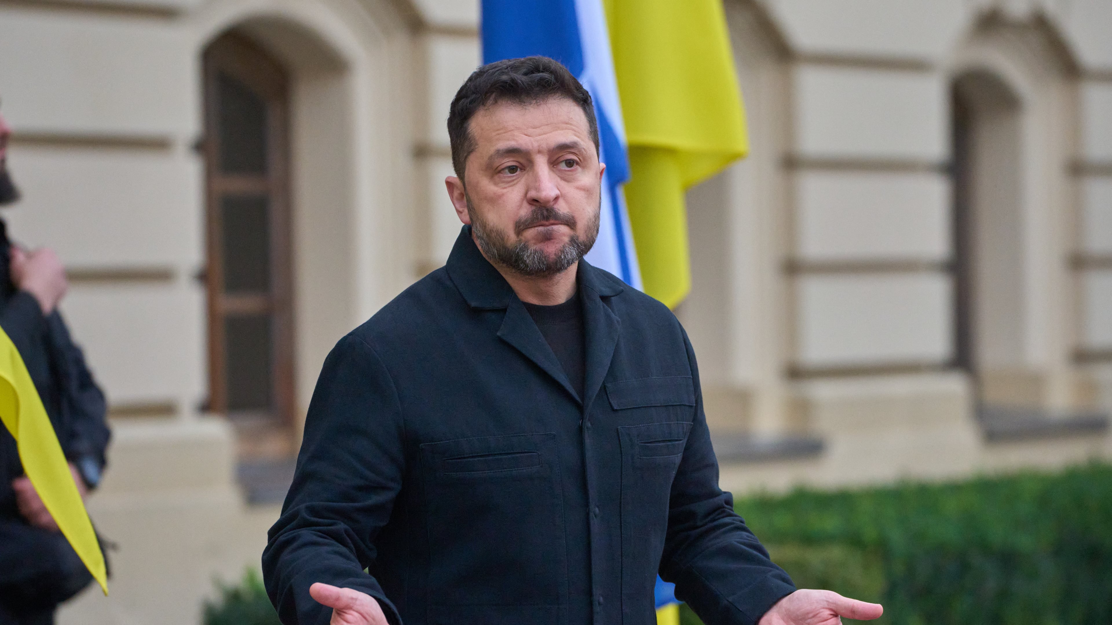 Ukraine's President Volodymyr Zelenskyy answers media questions before his meeting with Finnish Prime Minister Petteri Orpo in Kyiv, Ukraine, Thursday Oct. 22, 2026. (AP Photo/Efrem Lukatsky)