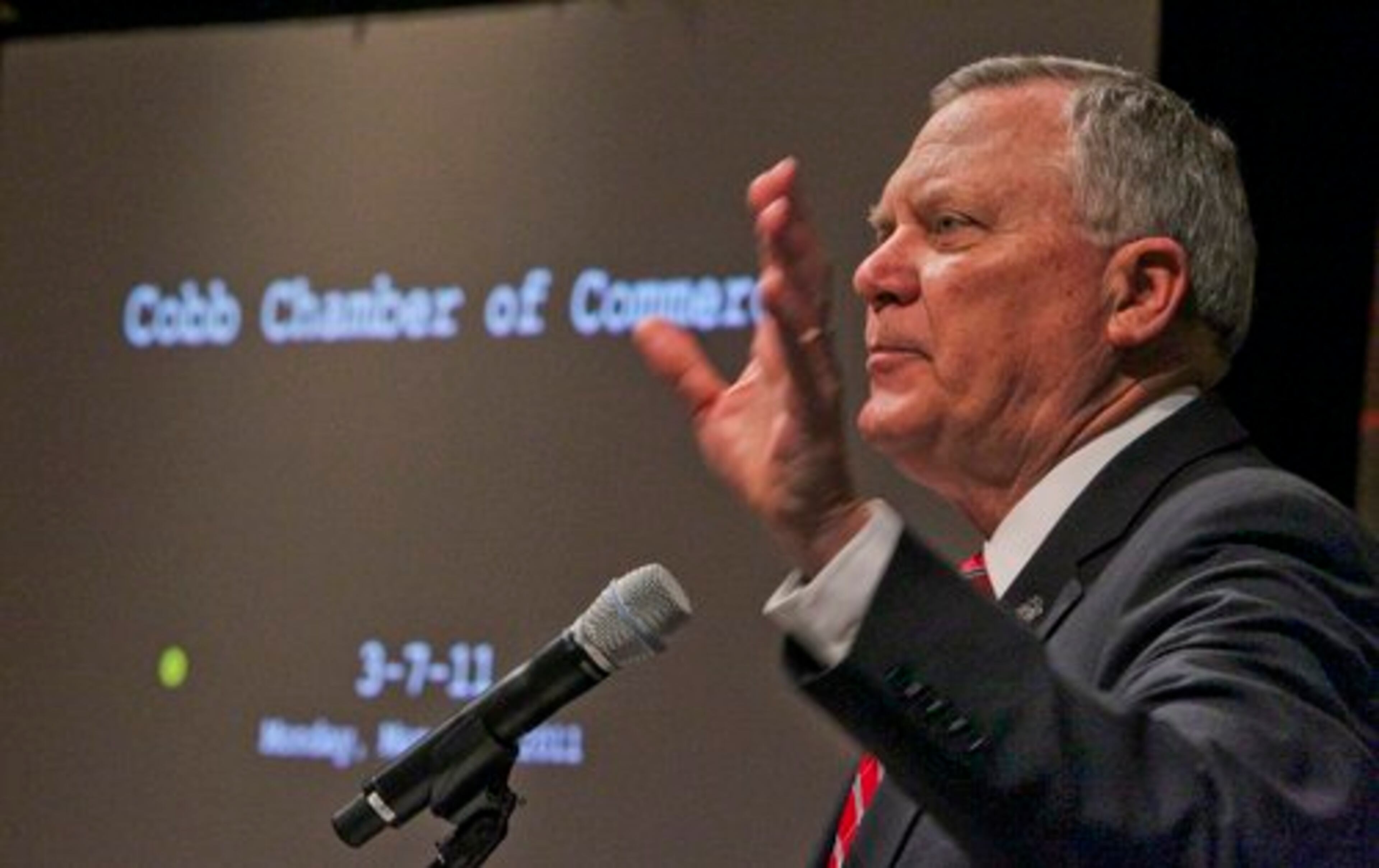 Gov. Nathan Deal spoke to about 600 members of the Cobb Chamber of Commerce on Monday, March 7, 2011 at the Cobb Galleria Centre. Deal presented an overview of issues facing the legislature -- ranging from the HOPE scholarship to state water issues. He addressed the members with a hopeful note in regards to job creation and business growth.