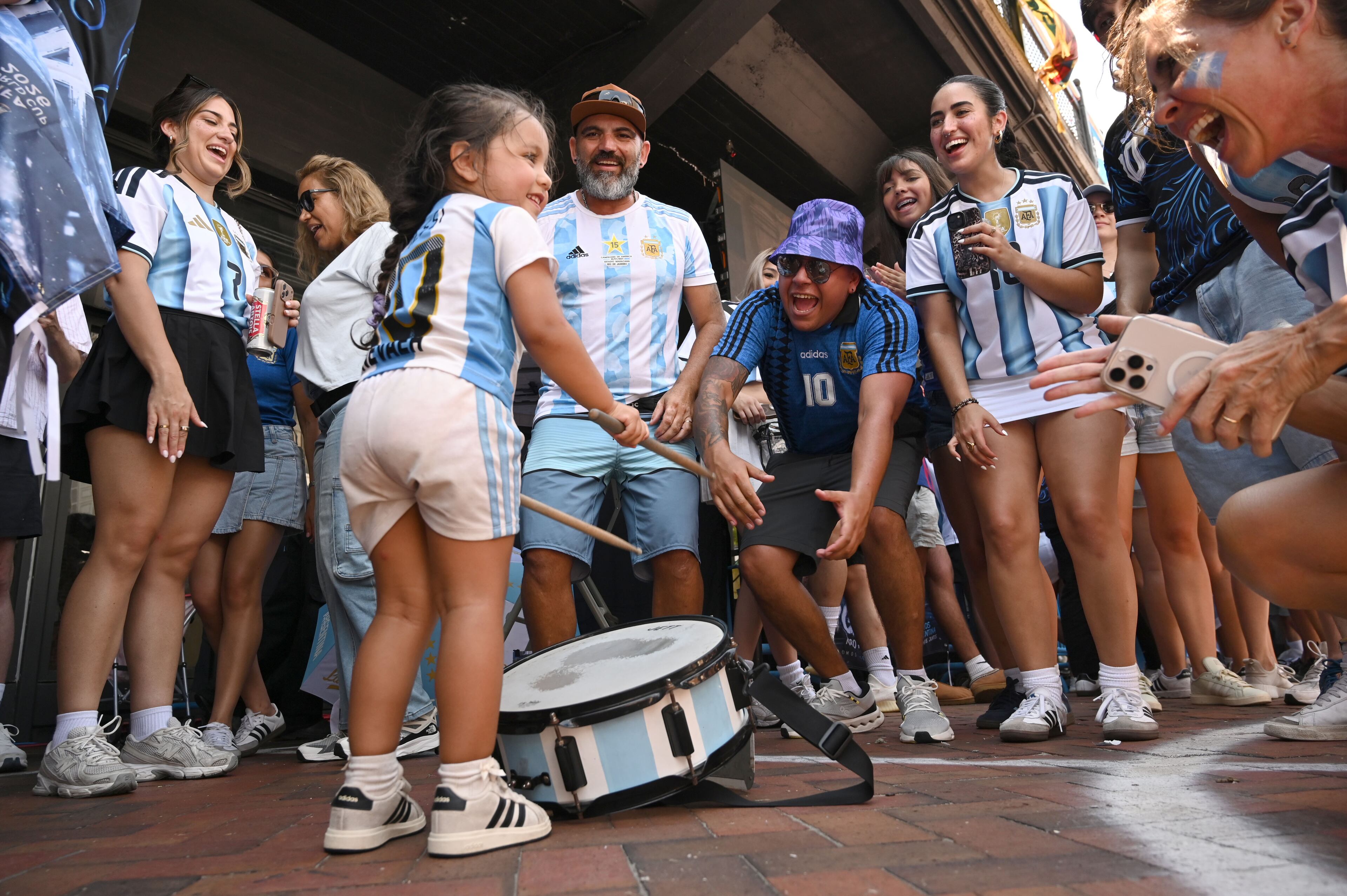 Argentina fans are gathering at Underground Atlanta ahead of the FIFA World Cup semifinal between Argentina and England on Wednesday, July 15, 2026, in Atlanta. (Hyosub Shin/AJC)