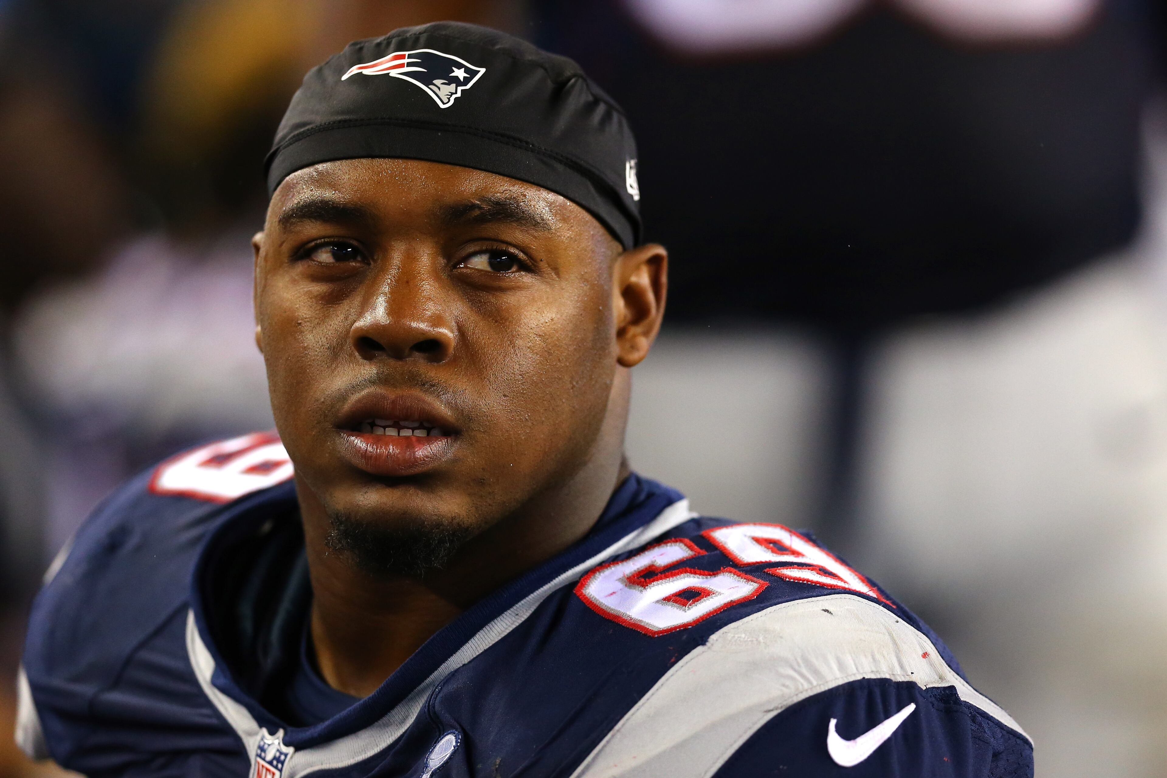 Shaq Mason of the New England Patriots looks on from the sideline against the Pittsburgh Steelers at Gillette Stadium on September 10, 2015 in Foxboro, Massachusetts. (Photo by Maddie Meyer/Getty Images)
