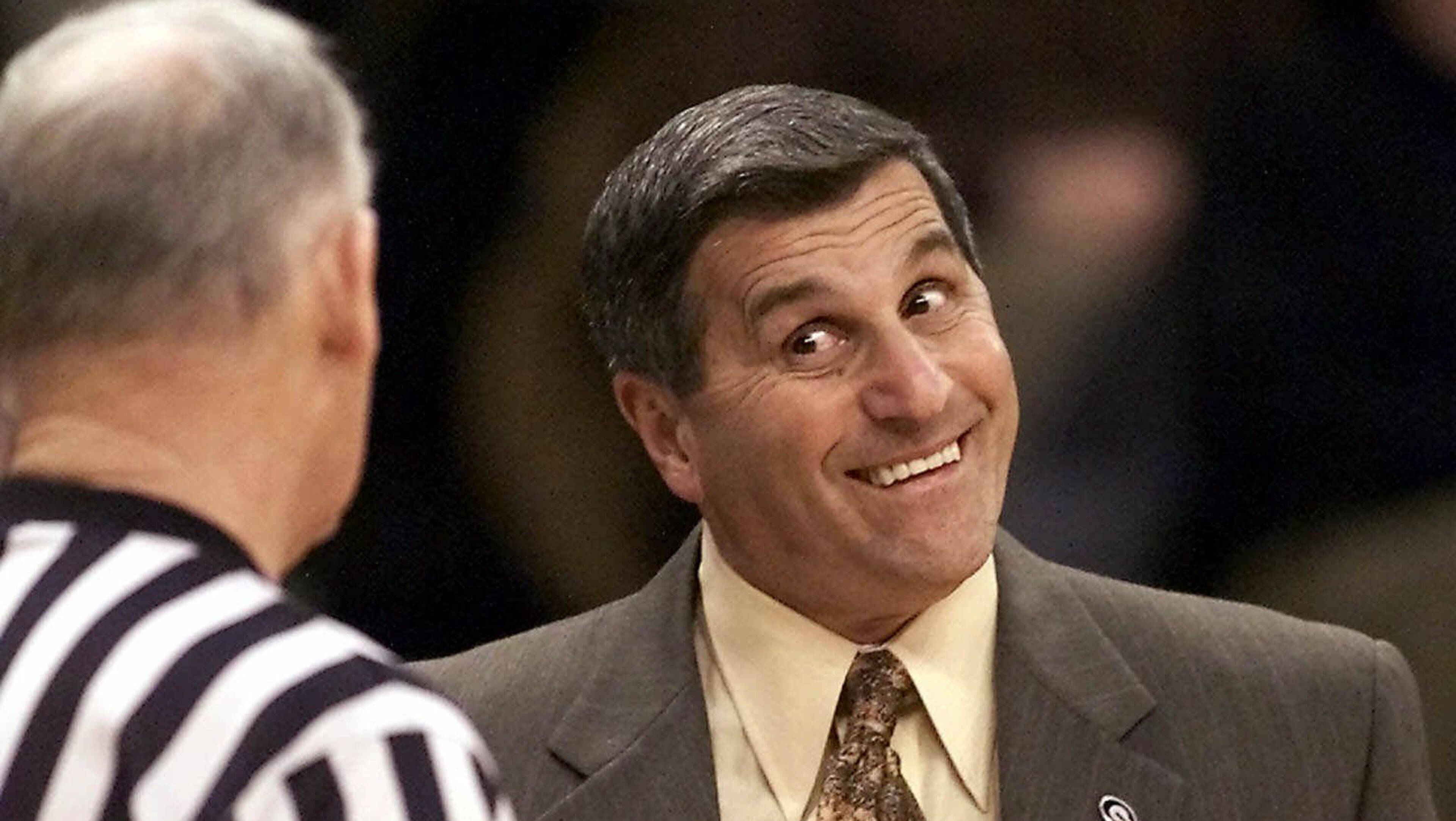 Georgia head coach Jim Harrick makes a point to an official during the second half against Wake Forest Saturday night, Dec.16, 2000 played at the Joel Coliseum in Winston Salem, N.C. Wake Forest defeated Georgia 75-57. (AP Photo/Gerry Broome)