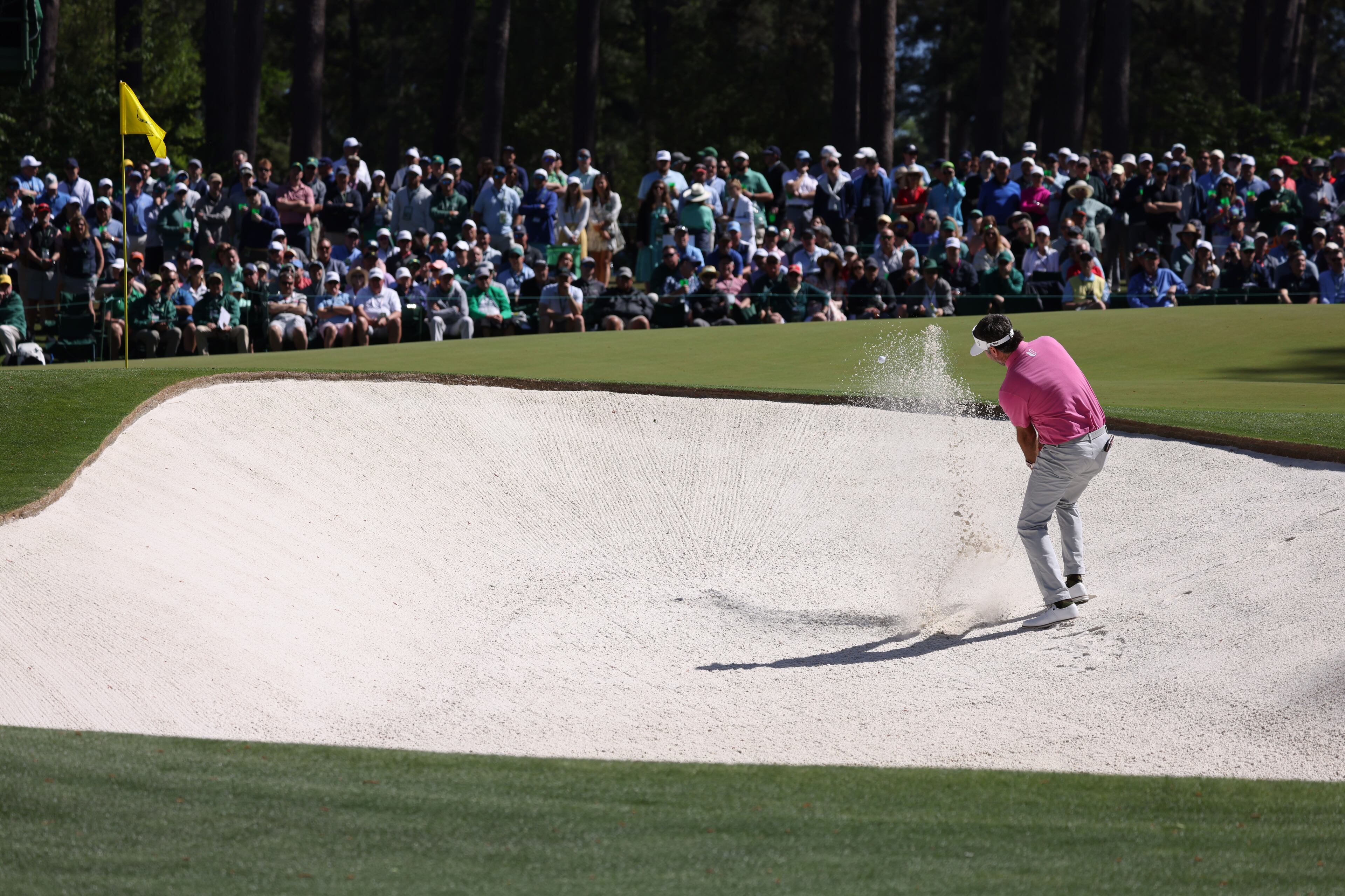 Bubba Watson hits out of bunker on sixth hole during second round of the 2024 Masters Tournament at Augusta National Golf Club, Friday, April 12, 2024, in Augusta, Ga. Jason Getz / Jason.Getz@ajc.com)