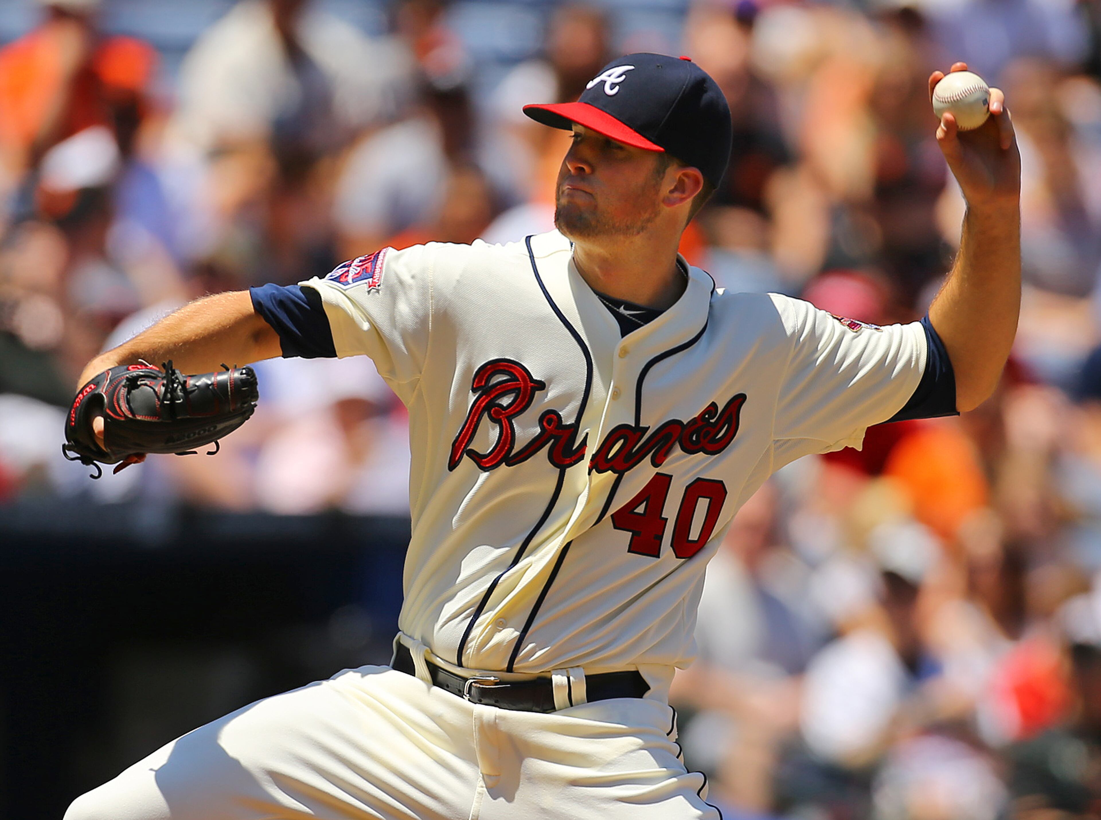 Alex Wood delivers a pitch against the Giants during the first inning of a MLB baseball game on Sunday, May 4, 2014, in Atlanta. CURTIS COMPTON / CCOMPTON@AJC.COM
