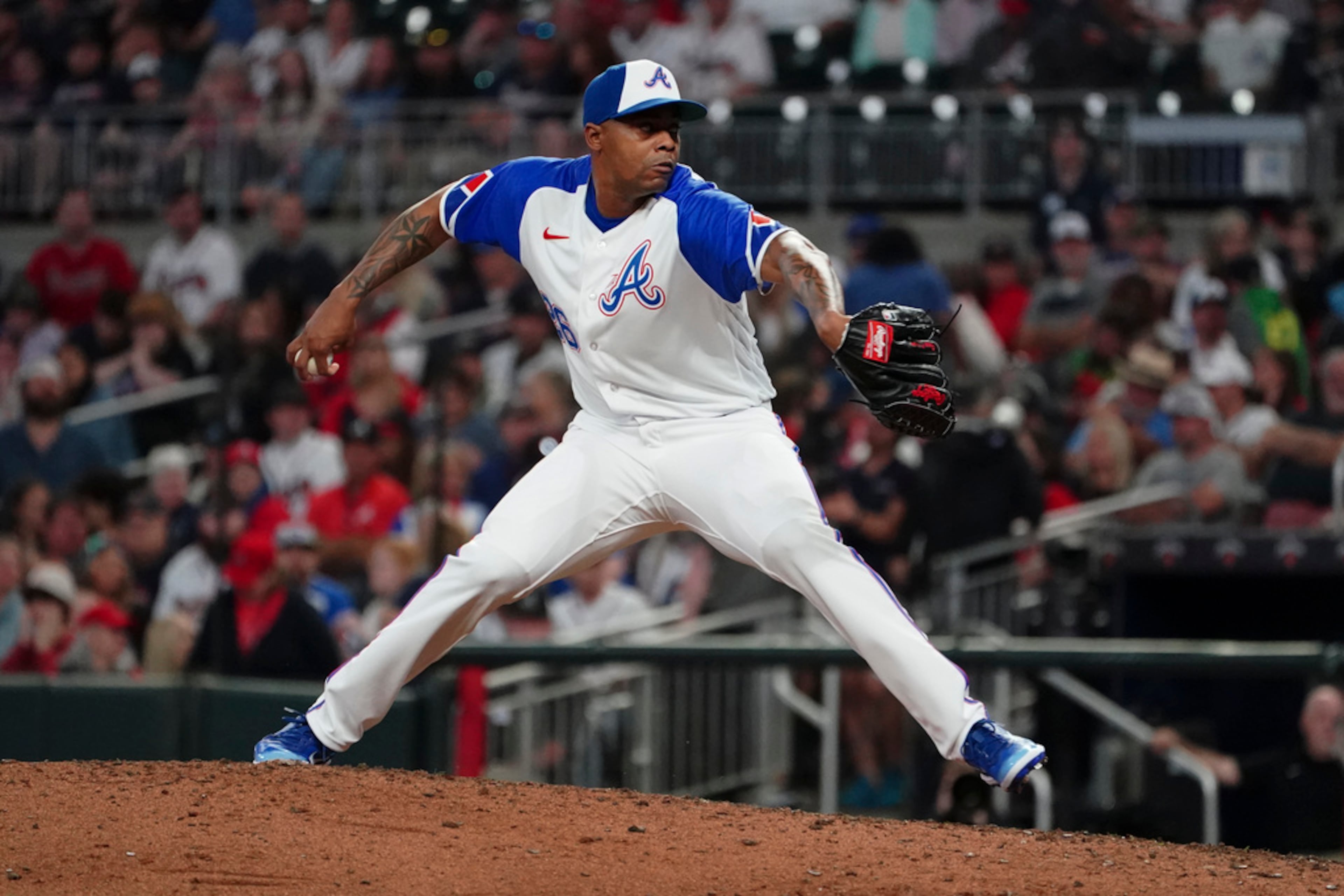 Atlanta Braves relief pitcher Raisel Iglesias works the ninth inning of a baseball game against the Baltimore Orioles Saturday, May 6, 2023, in Atlanta. (AP Photo/John Bazemore)