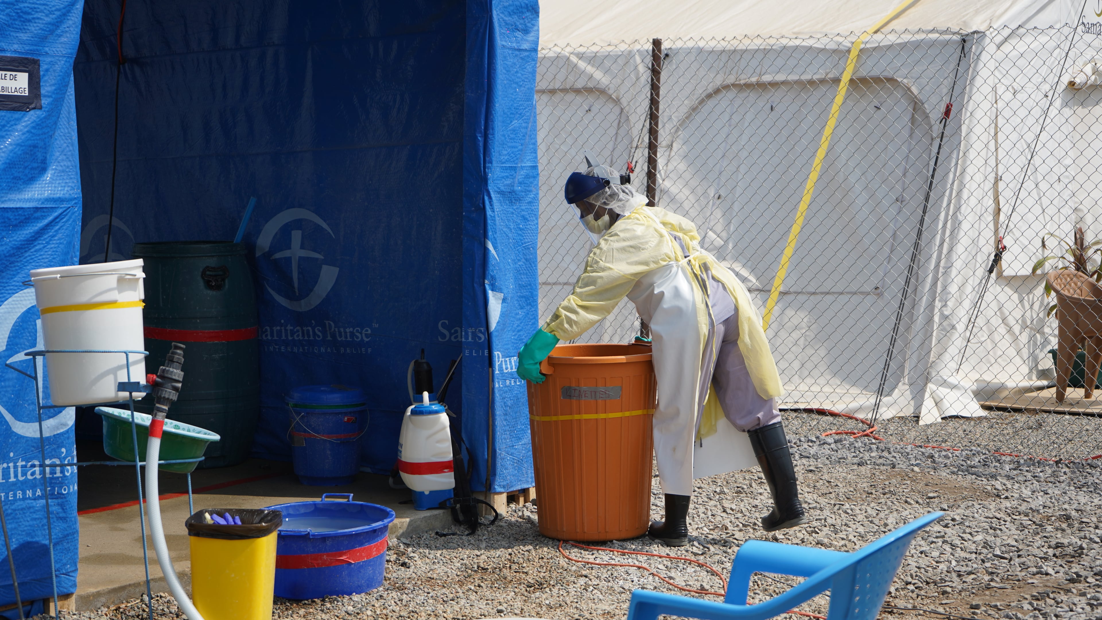 A health worker at an ebola treatment centre in Bunia, Congo, Monday, July 20, 2026. (AP Photo/Prosper Heri Ngorora)